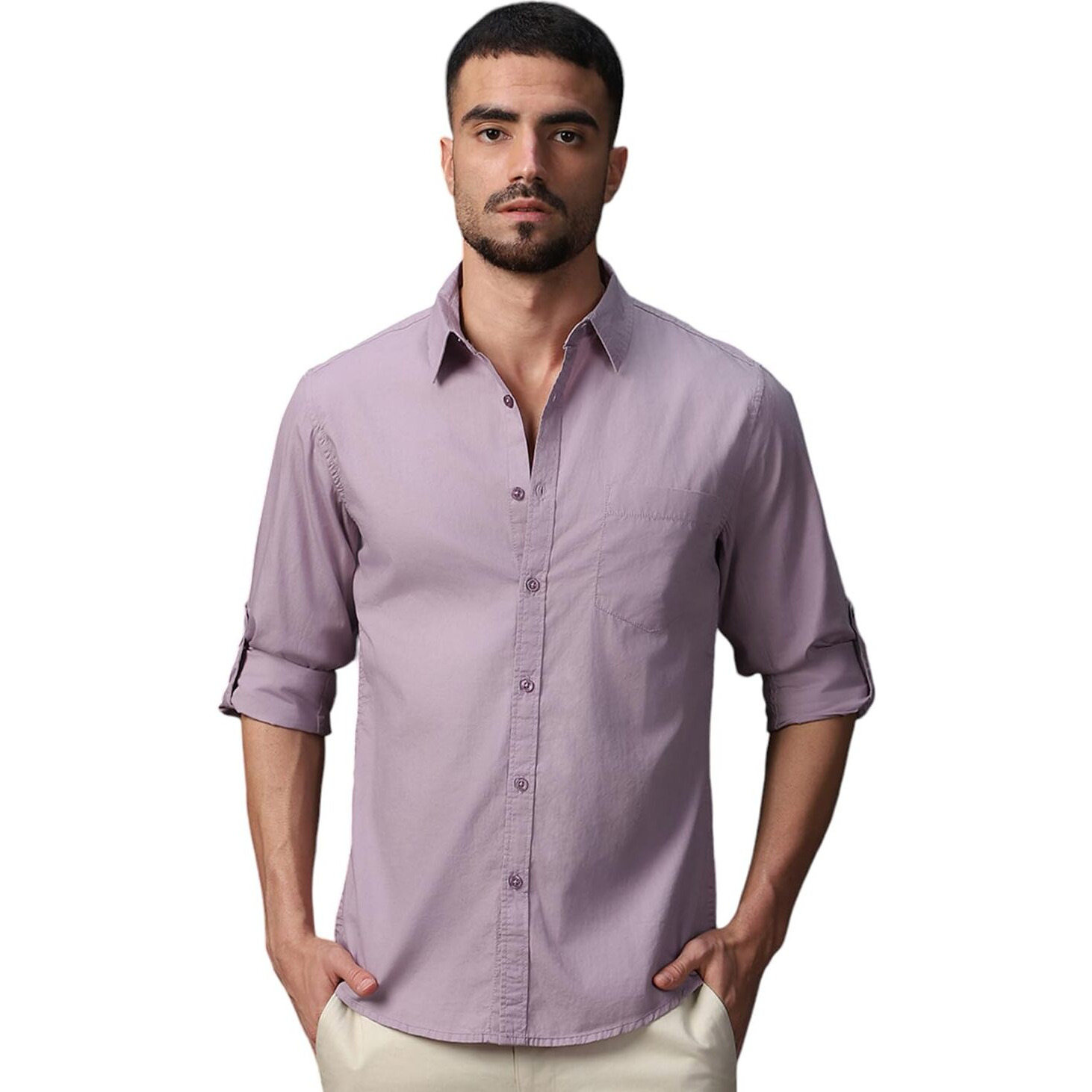 High Star Classic Spread Collar Roll Up Sleeves Cotton Casual Shirt Lavender