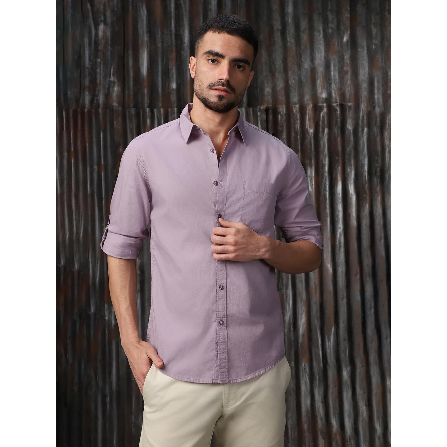 High Star Classic Spread Collar Roll Up Sleeves Cotton Casual Shirt Lavender