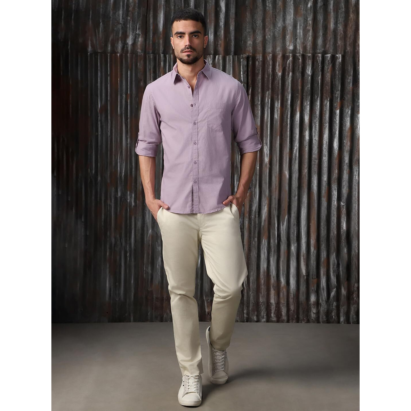 High Star Classic Spread Collar Roll Up Sleeves Cotton Casual Shirt Lavender