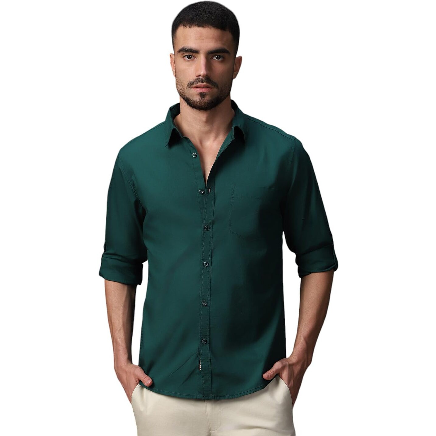 High Star Classic Spread Collar Roll-Up Sleeves Cotton Casual Shirt