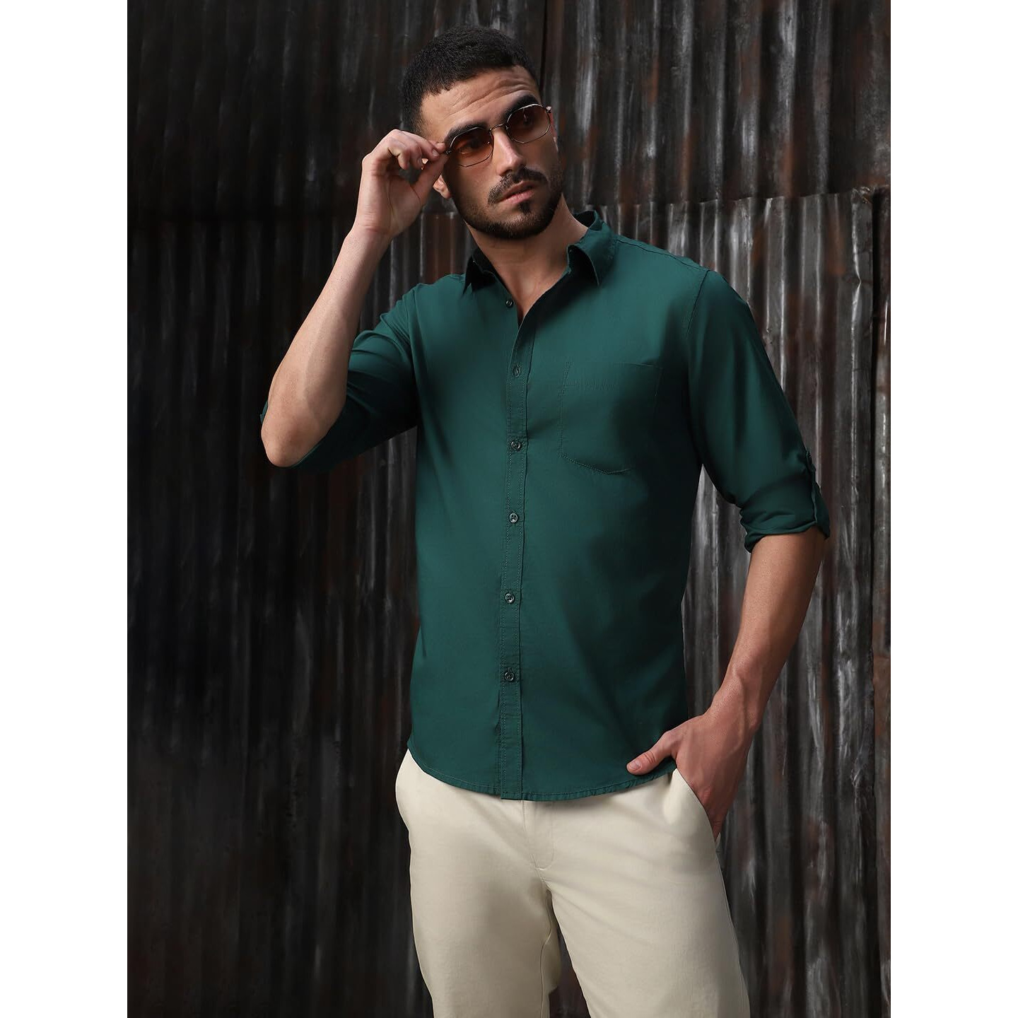 High Star Classic Spread Collar Roll-Up Sleeves Cotton Casual Shirt