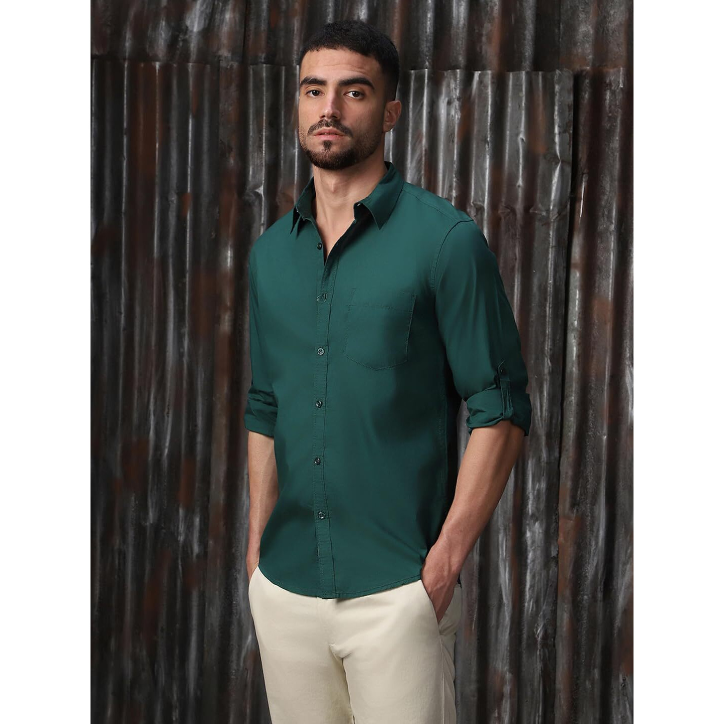 High Star Classic Spread Collar Roll-Up Sleeves Cotton Casual Shirt