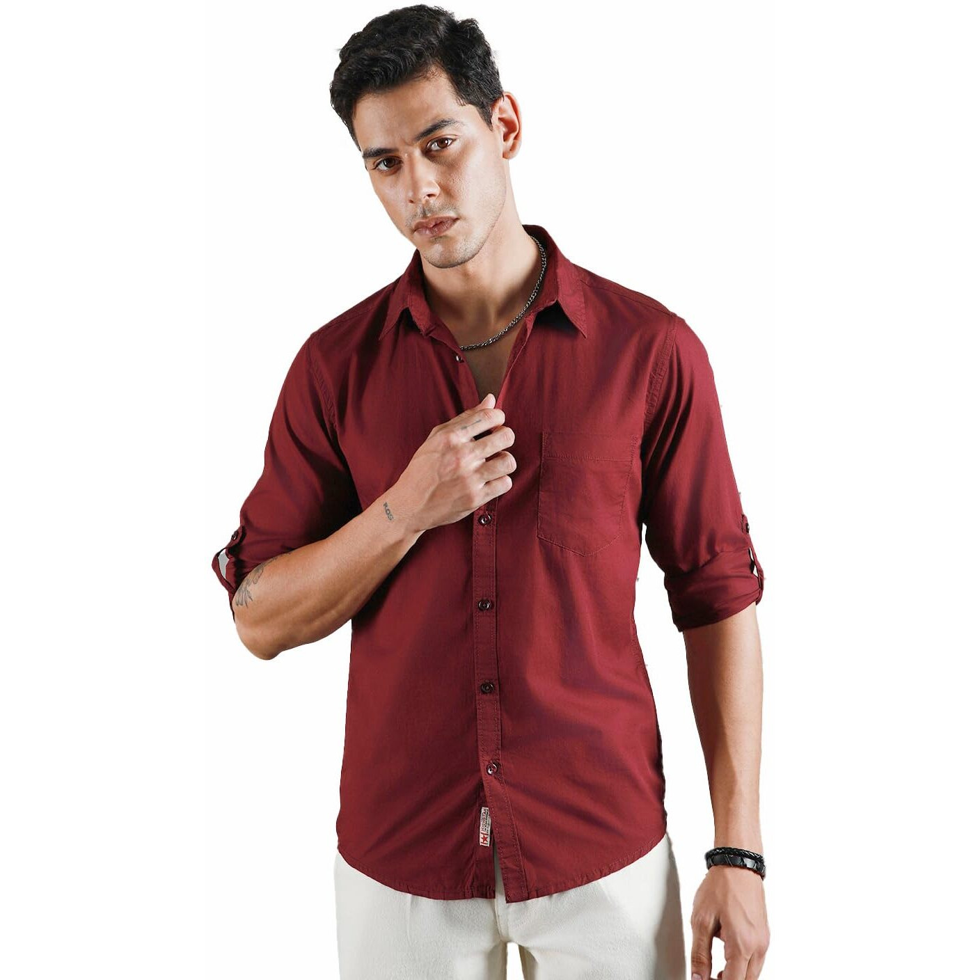 High Star Classic Spread Collar Roll Up Sleeves Cotton Casual Shirt Red