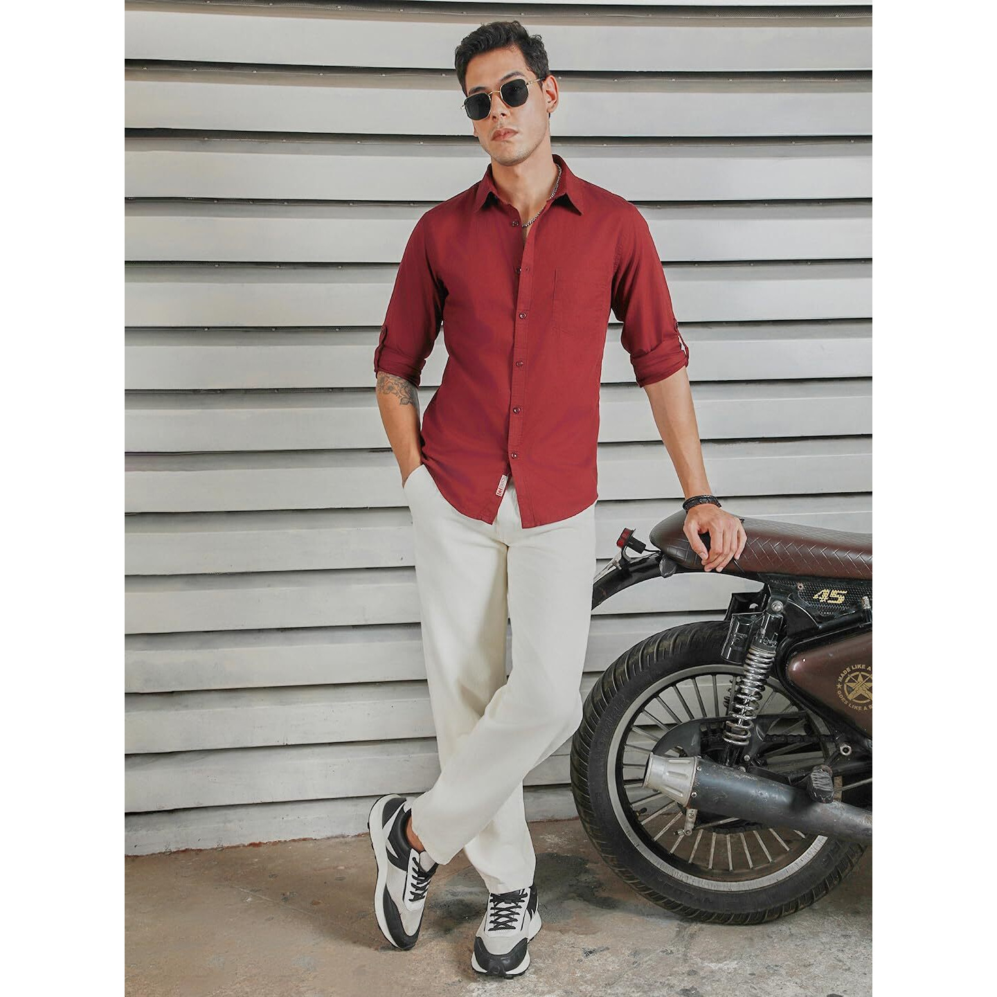 High Star Classic Spread Collar Roll Up Sleeves Cotton Casual Shirt Red
