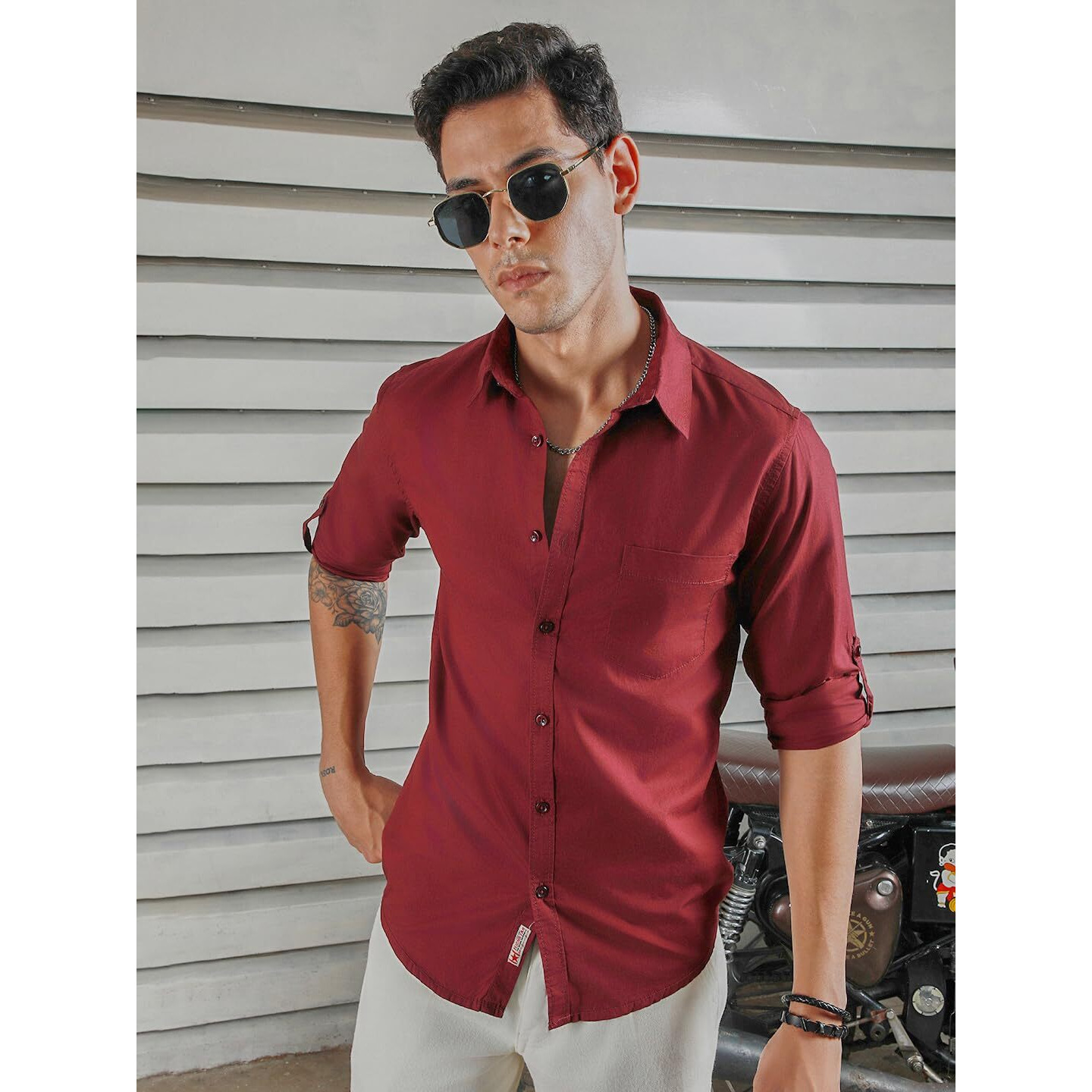 High Star Classic Spread Collar Roll Up Sleeves Cotton Casual Shirt Red