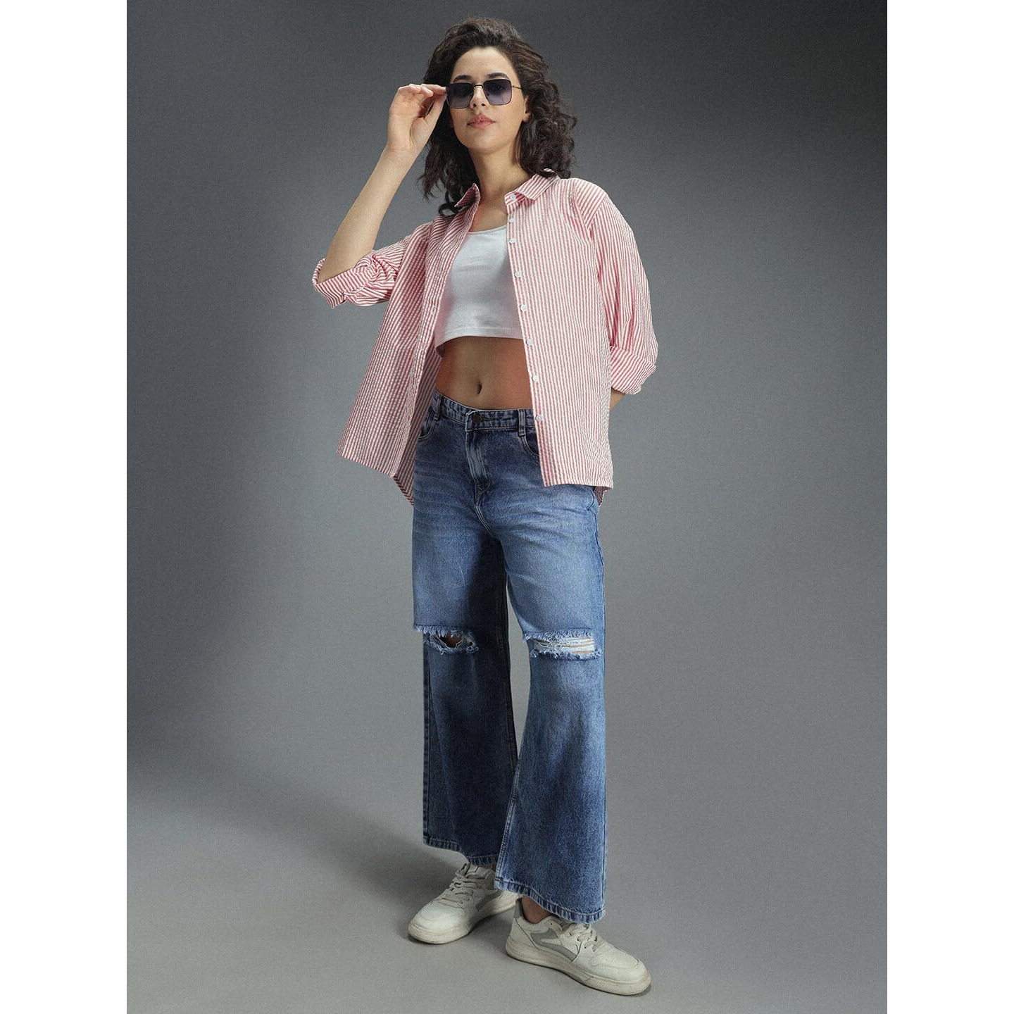 High Star Classic Oversized Vertical Stripes Spread Collar Cotton Casual Shirt Red