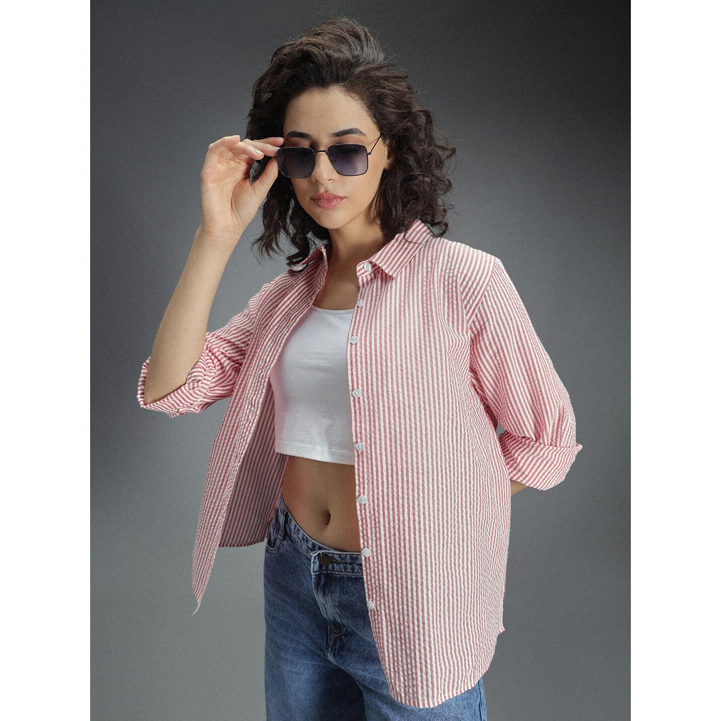 High Star Classic Oversized Vertical Stripes Spread Collar Cotton Casual Shirt Red