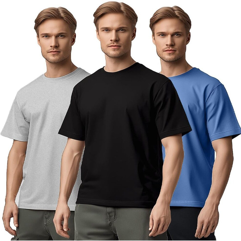 Nobero Cotton Men's Solid Regular Fit T-Shirt (1M-Twts-R0008_Marine/Grey Melange/Black, 2Xl