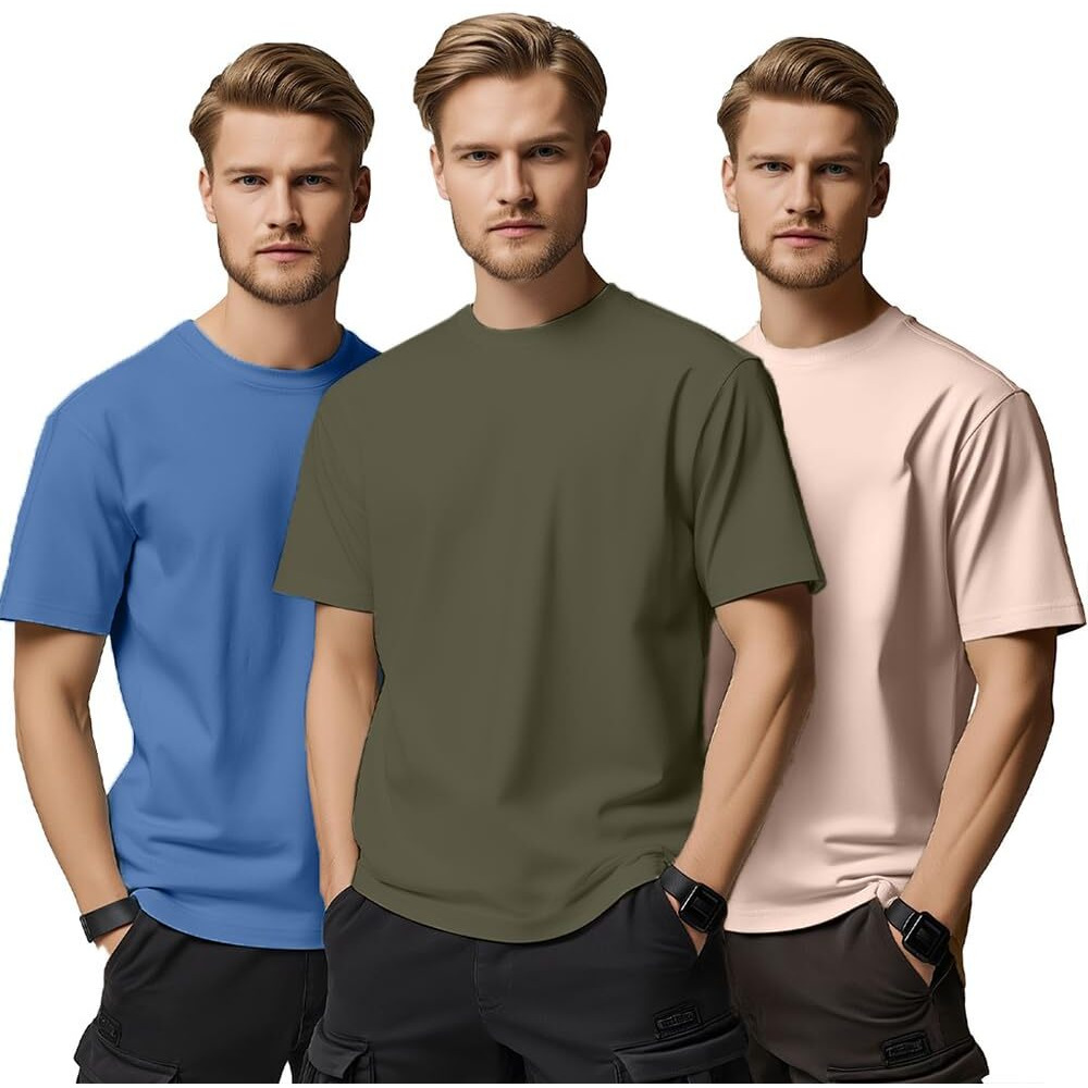 Nobero Cotton Men's Solid Regular Fit T-Shirt (1M-Twts-R0008_Olive/Blush/Marine, Medium