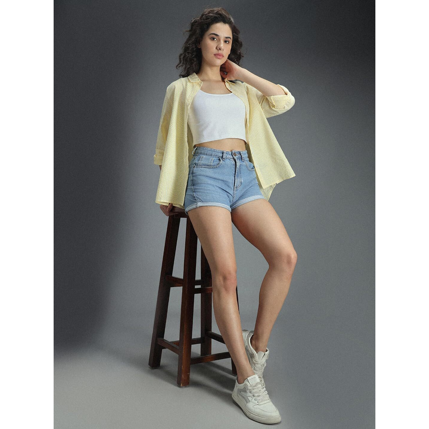 High Star Classic Oversized Vertical Stripes Spread Collar Cotton Casual Shirt Yellow