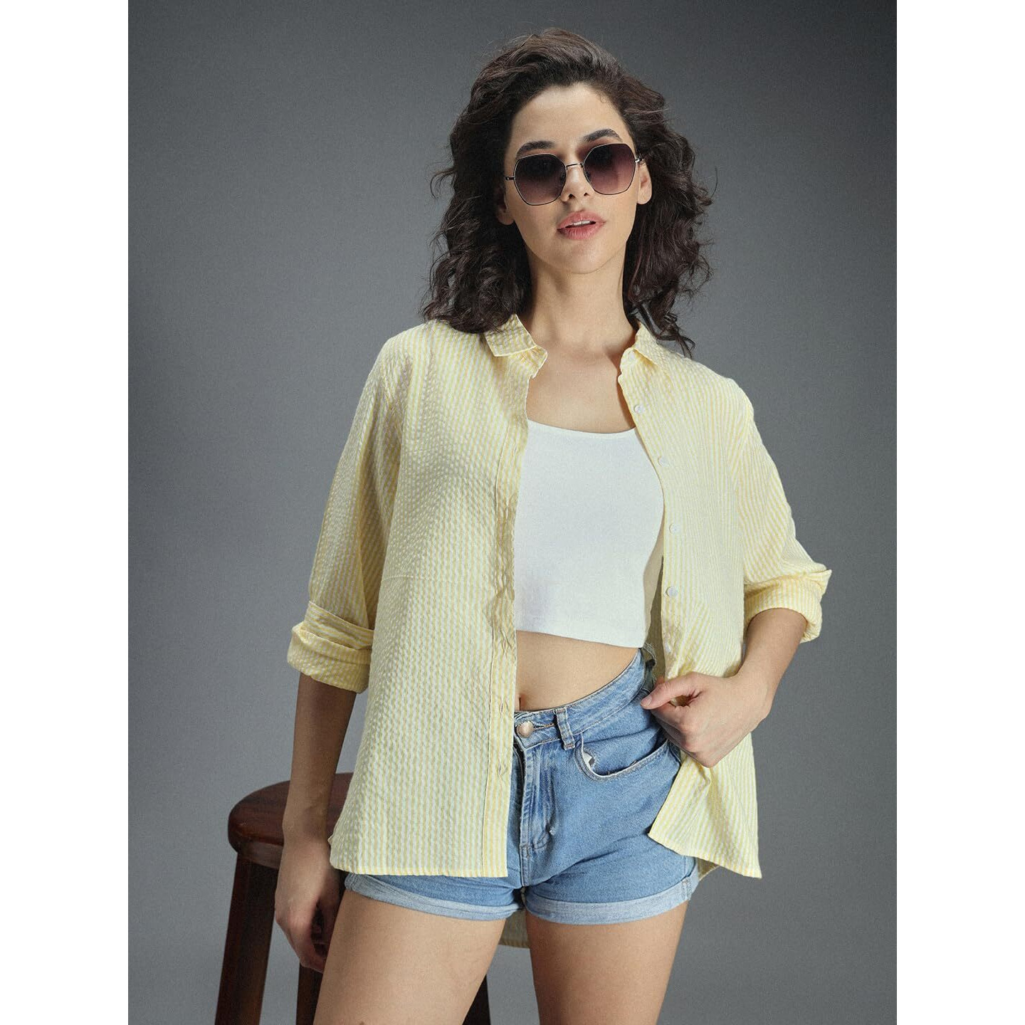 High Star Classic Oversized Vertical Stripes Spread Collar Cotton Casual Shirt Yellow