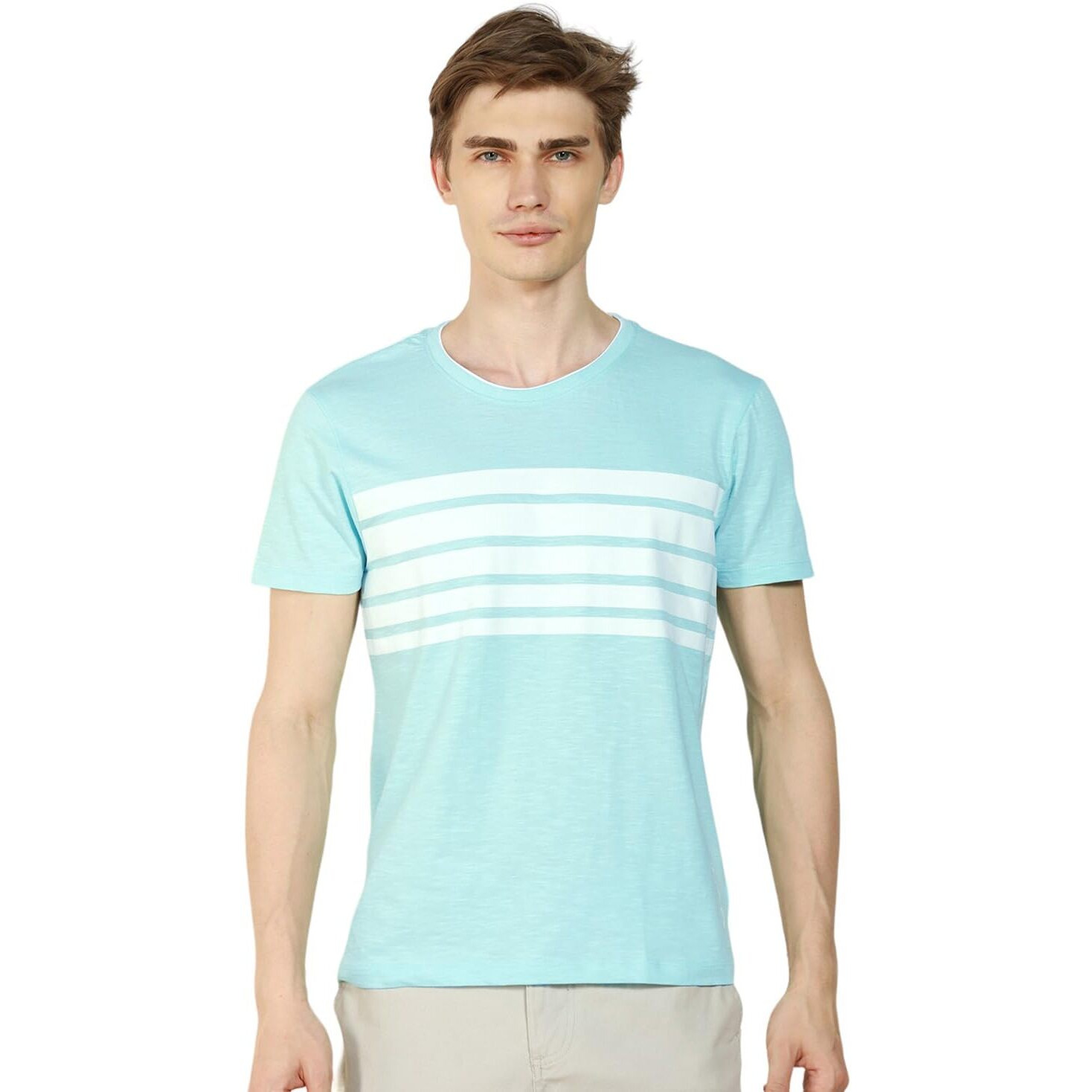 Dennis Lingo Mens Mid Blue Cotton Crew Neck Regular Fit Striped T-Shirt (Dlmtss24015_Mb, Mid Blue, M)