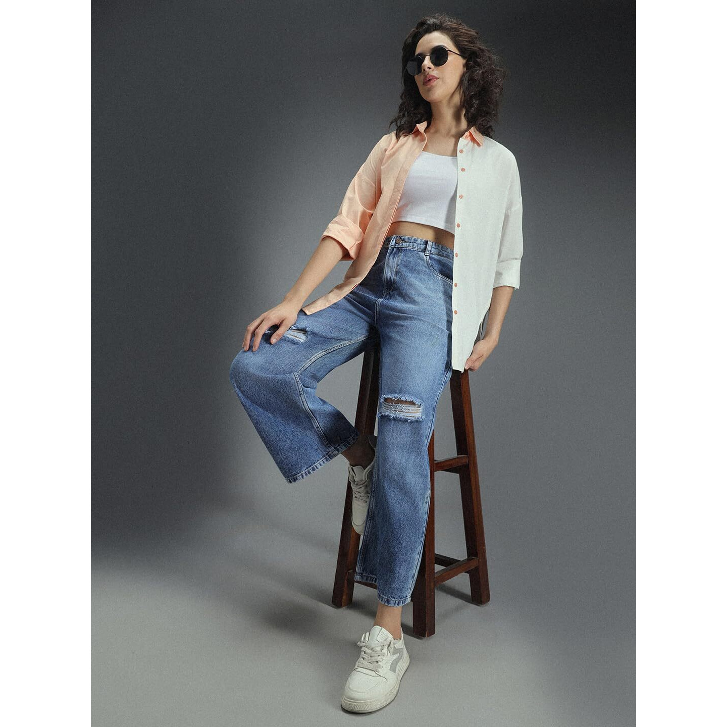 High Star Classic Oversized Colourblocked Spread Collar Long Sleeves Cotton Casual Shirt