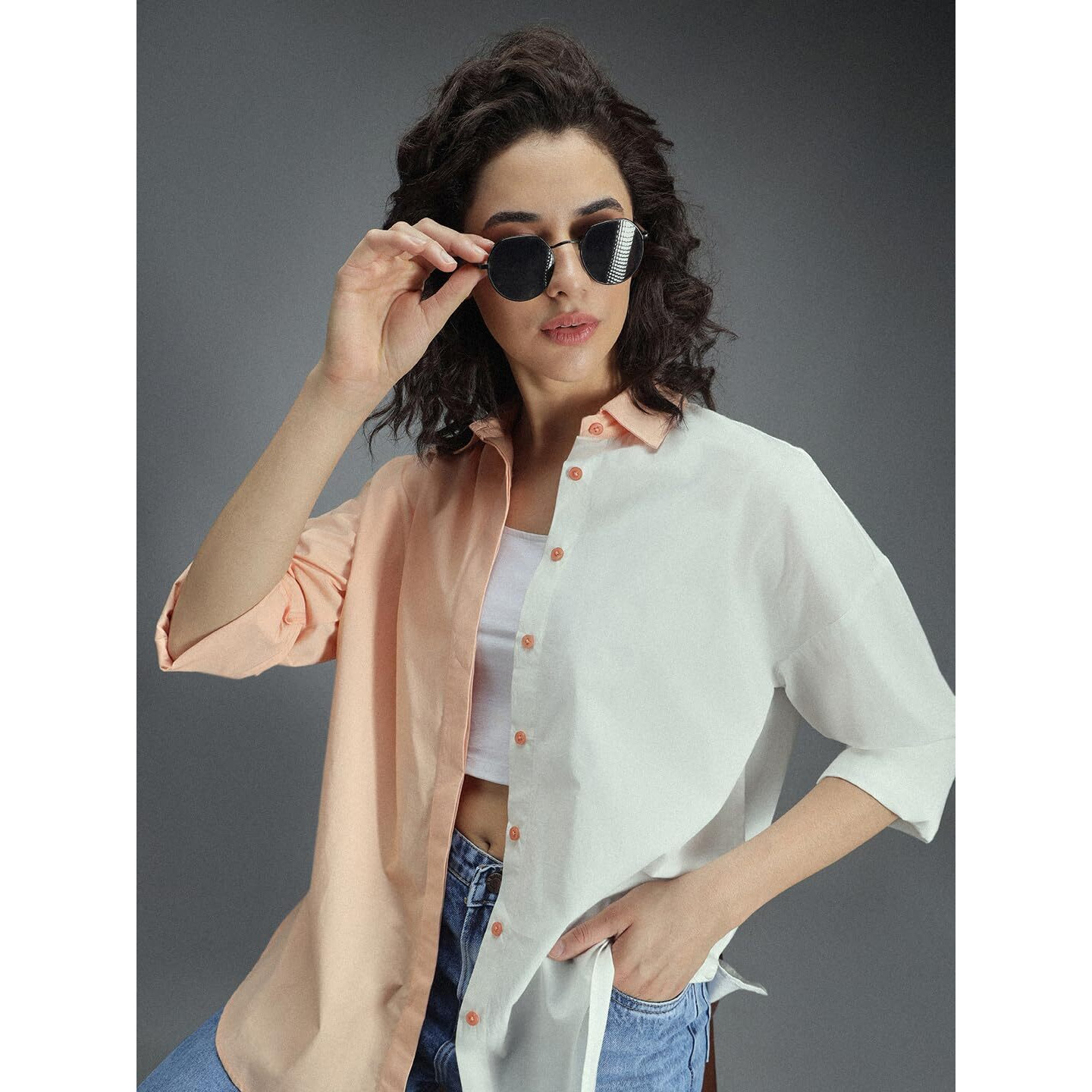 High Star Classic Oversized Colourblocked Spread Collar Long Sleeves Cotton Casual Shirt