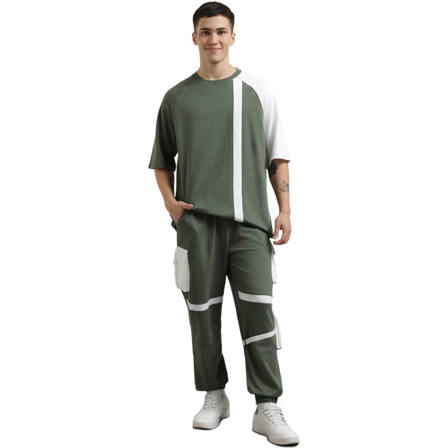 Nobero Cotton Blend Men Printed Colorblock T-Shirt With Joggers, Green, 3Xl