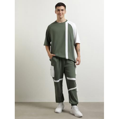 Nobero Cotton Blend Men Printed Colorblock T-Shirt With Joggers, Green, 3Xl