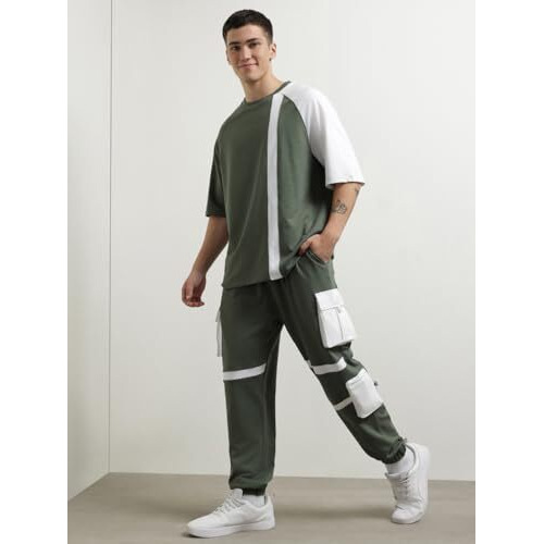 Nobero Cotton Blend Men Printed Colorblock T-Shirt With Joggers, Green, 3Xl