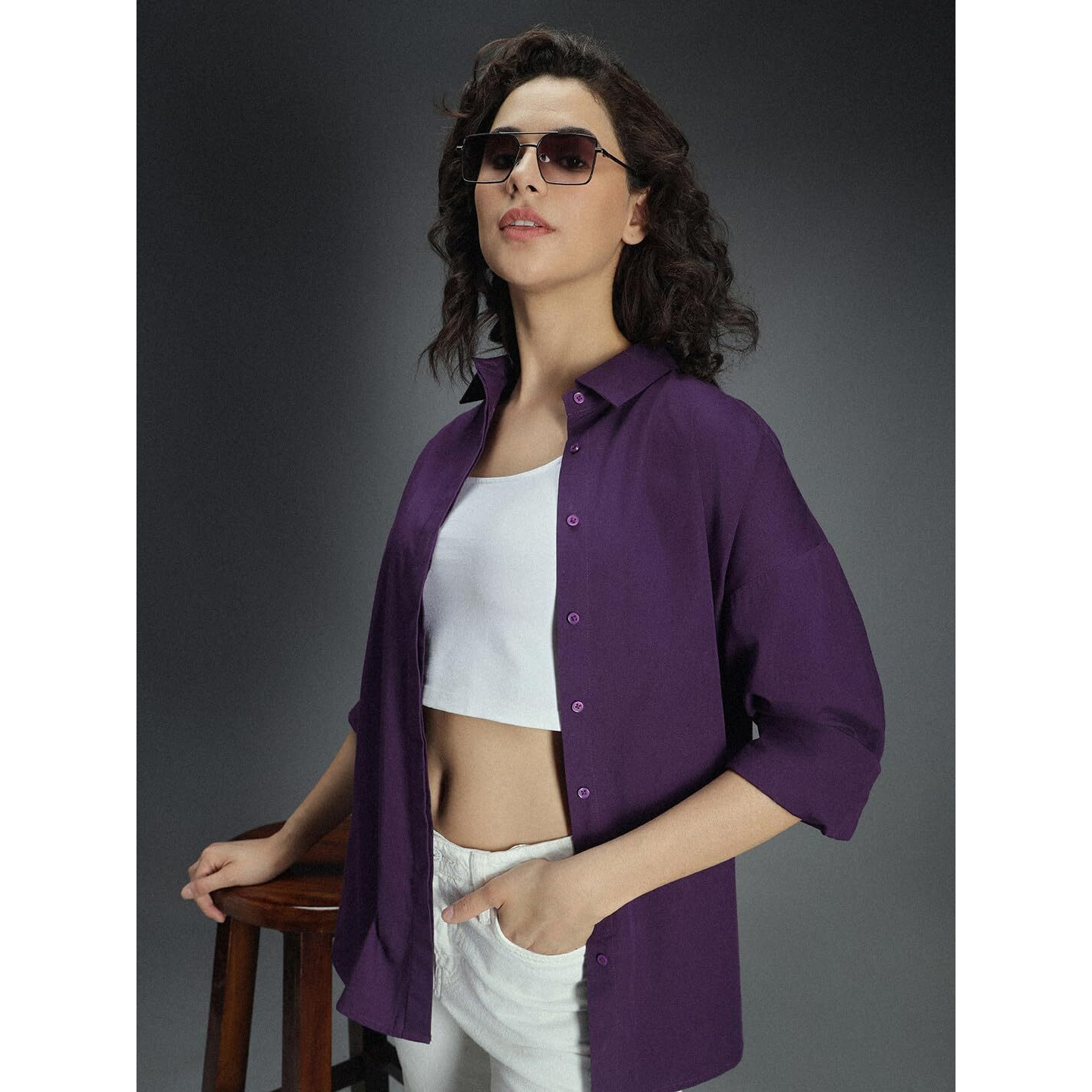 High Star Classic Oversized Drop-Shoulder Sleeves Pure Cotton Casual Shirt Purple