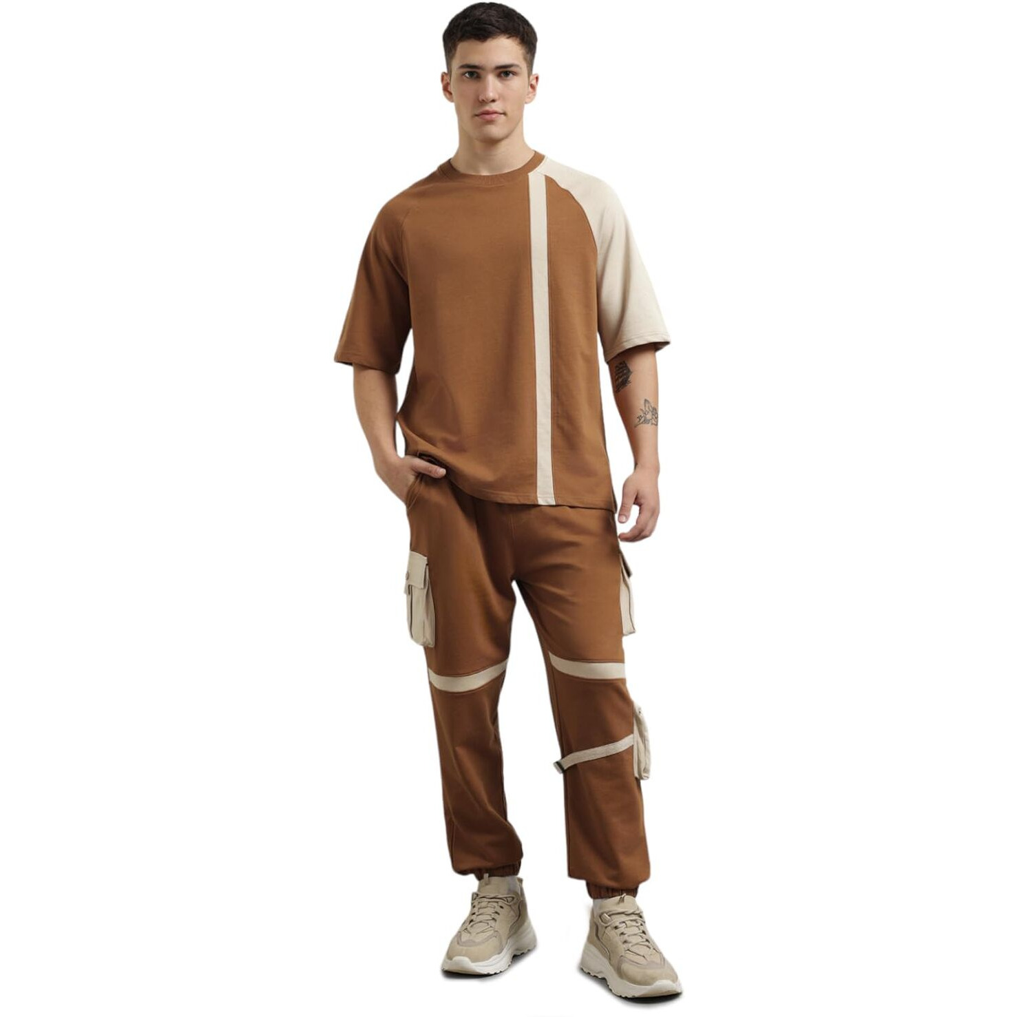 Nobero Cotton Blend Men Colorblock Solid T-Shirt With Joggers, Large, Brown