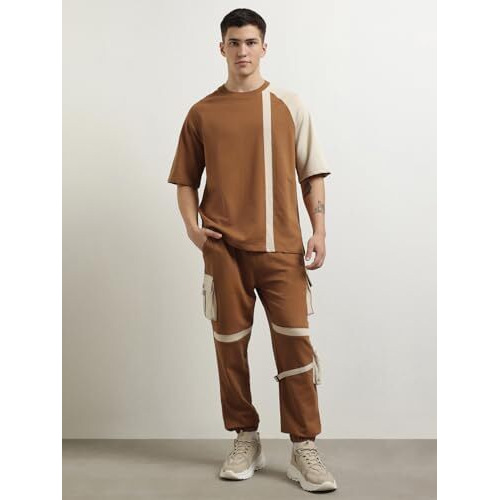 Nobero Cotton Blend Men Colorblock Solid T-Shirt With Joggers, Large, Brown