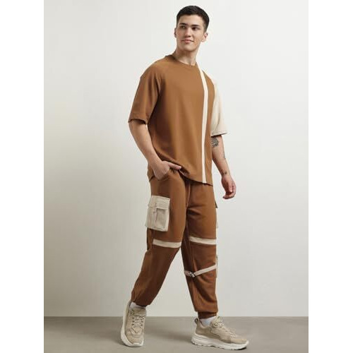 Nobero Cotton Blend Men Colorblock Solid T-Shirt With Joggers, Large, Brown