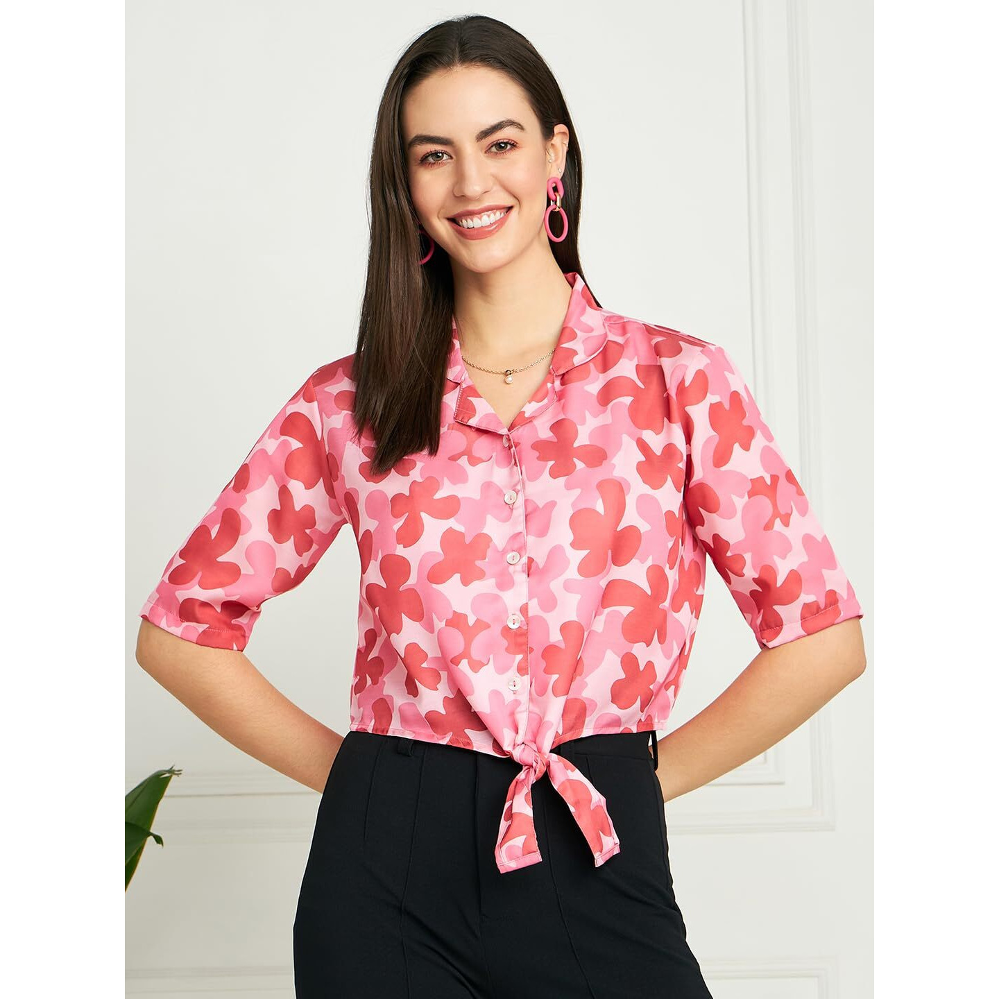 Modeve Women Floral Red Front Knot Top For Summer