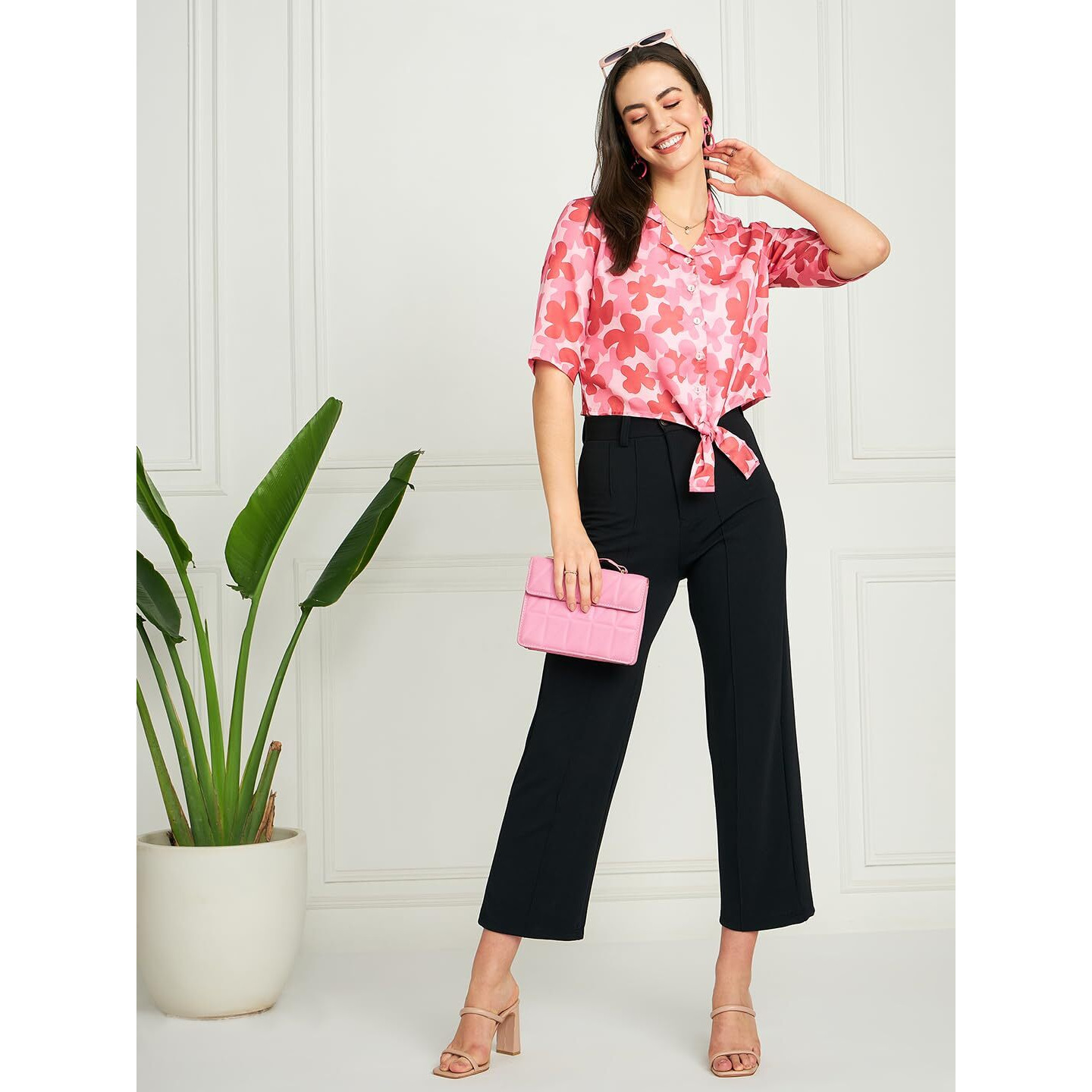 Modeve Women Floral Red Front Knot Top For Summer