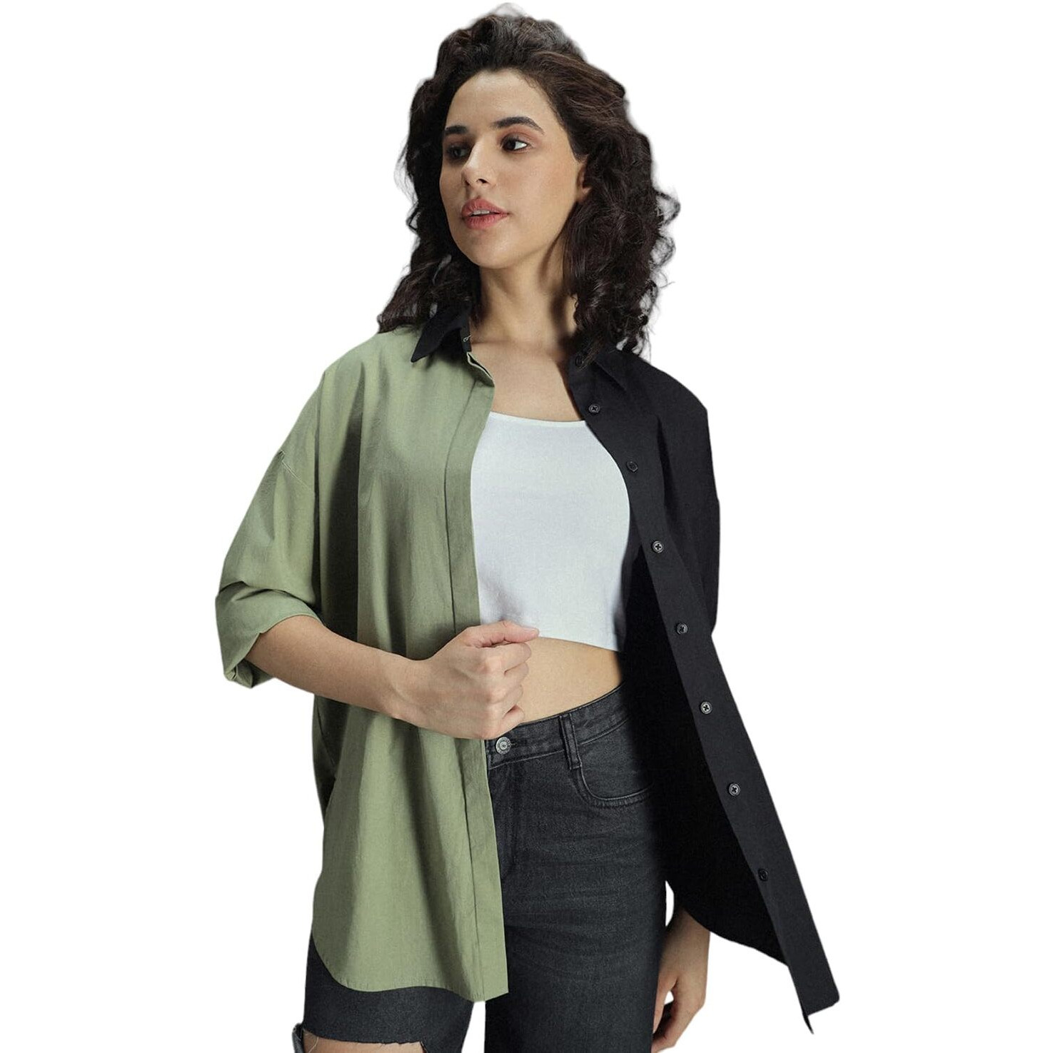 High Star Classic Oversized Colourblocked Spread Collar Long Sleeves Cotton Casual Shirt