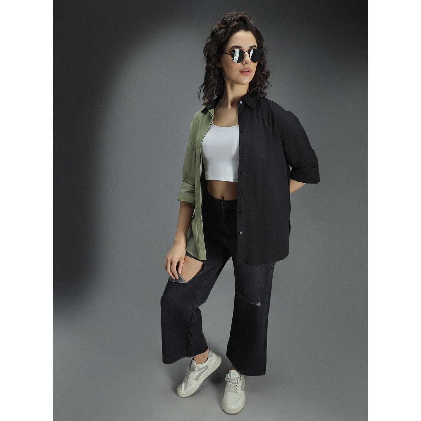 High Star Classic Oversized Colourblocked Spread Collar Long Sleeves Cotton Casual Shirt