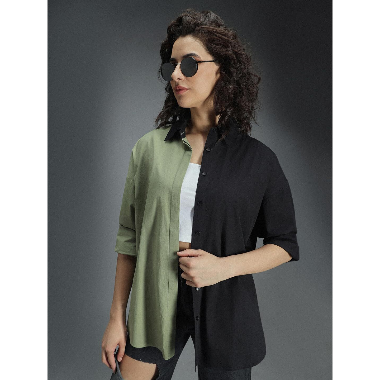 High Star Classic Oversized Colourblocked Spread Collar Long Sleeves Cotton Casual Shirt