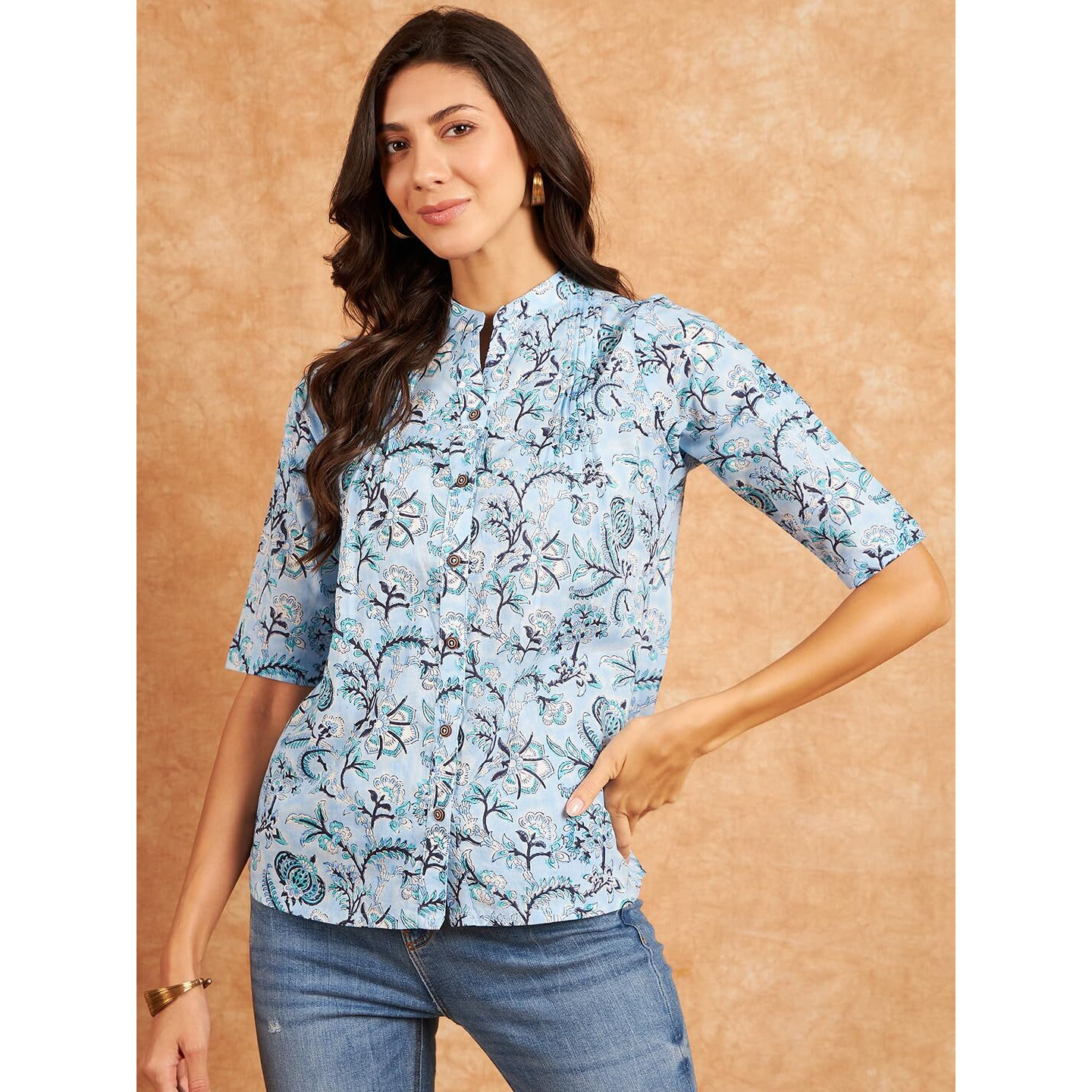 Modeve Floral Printed Mandarin Collar Gathered Cotton Shirt Style Top_Large Sky