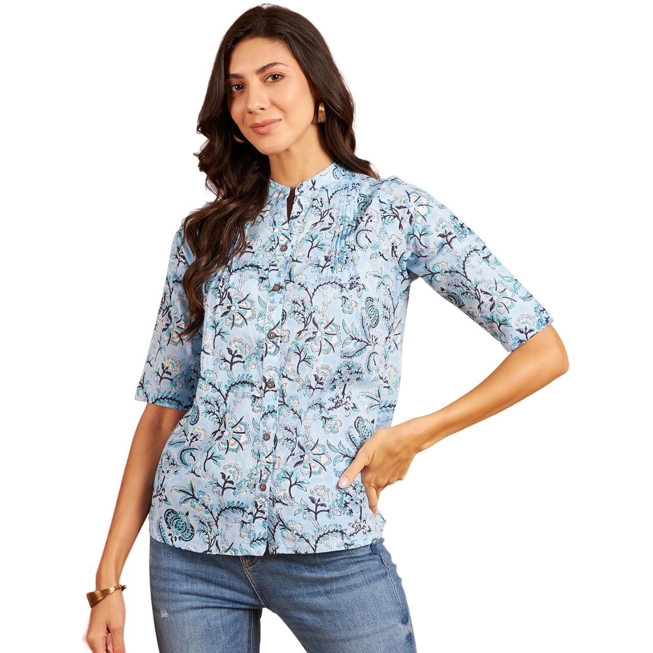 Modeve Floral Printed Mandarin Collar Gathered Cotton Shirt Style Top_Xx-Large Sky