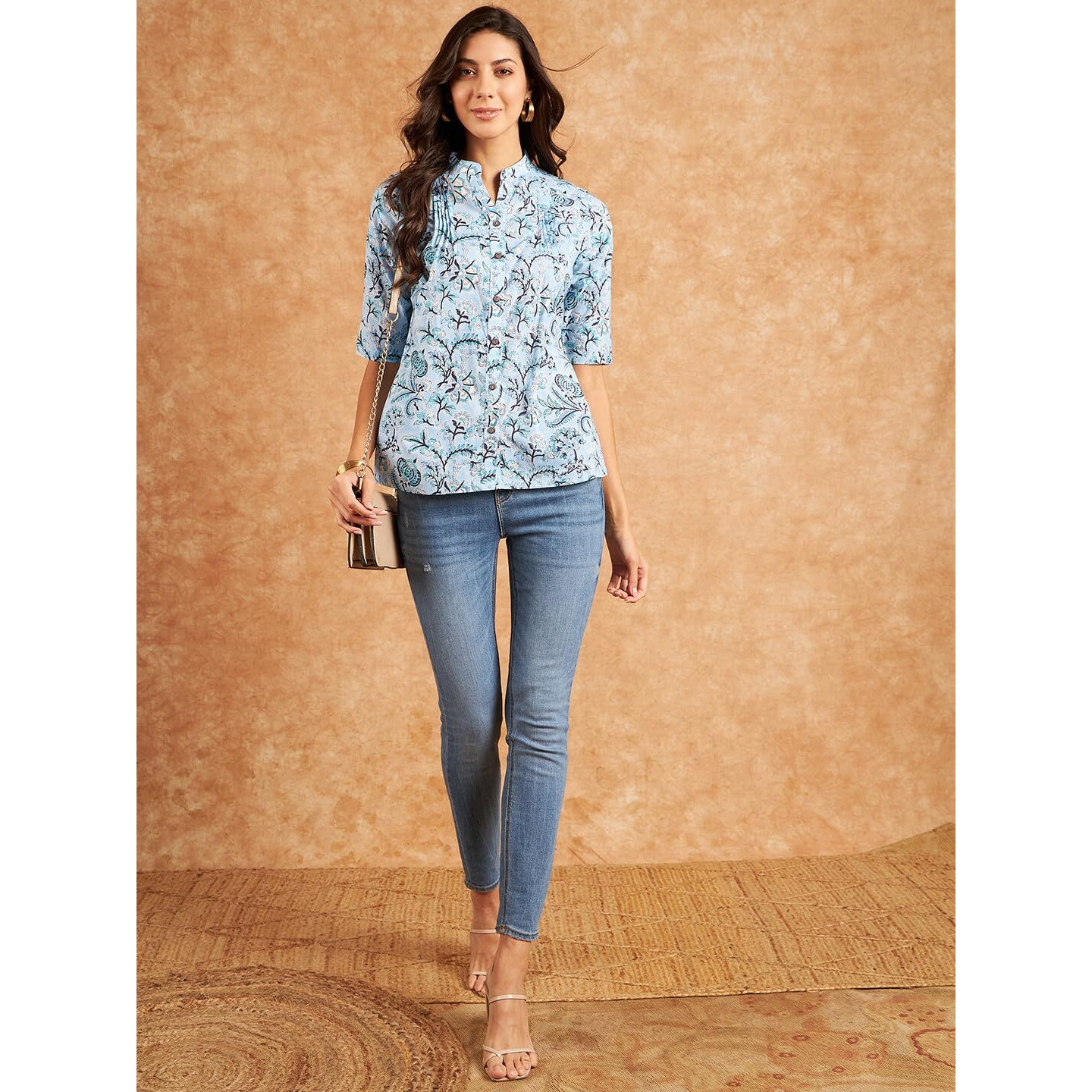 Modeve Floral Printed Mandarin Collar Gathered Cotton Shirt Style Top_Xx-Large Sky