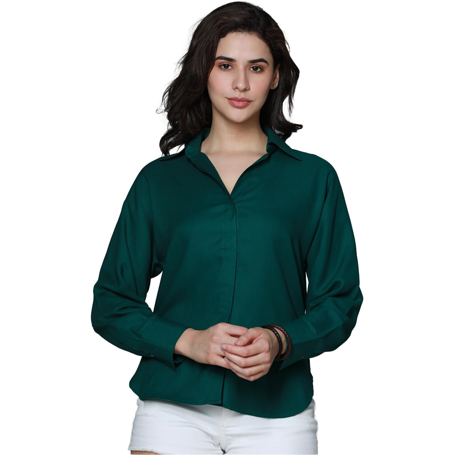 High Star Women's Solid Oversized Fit Shirt (Hswshs2401_Green