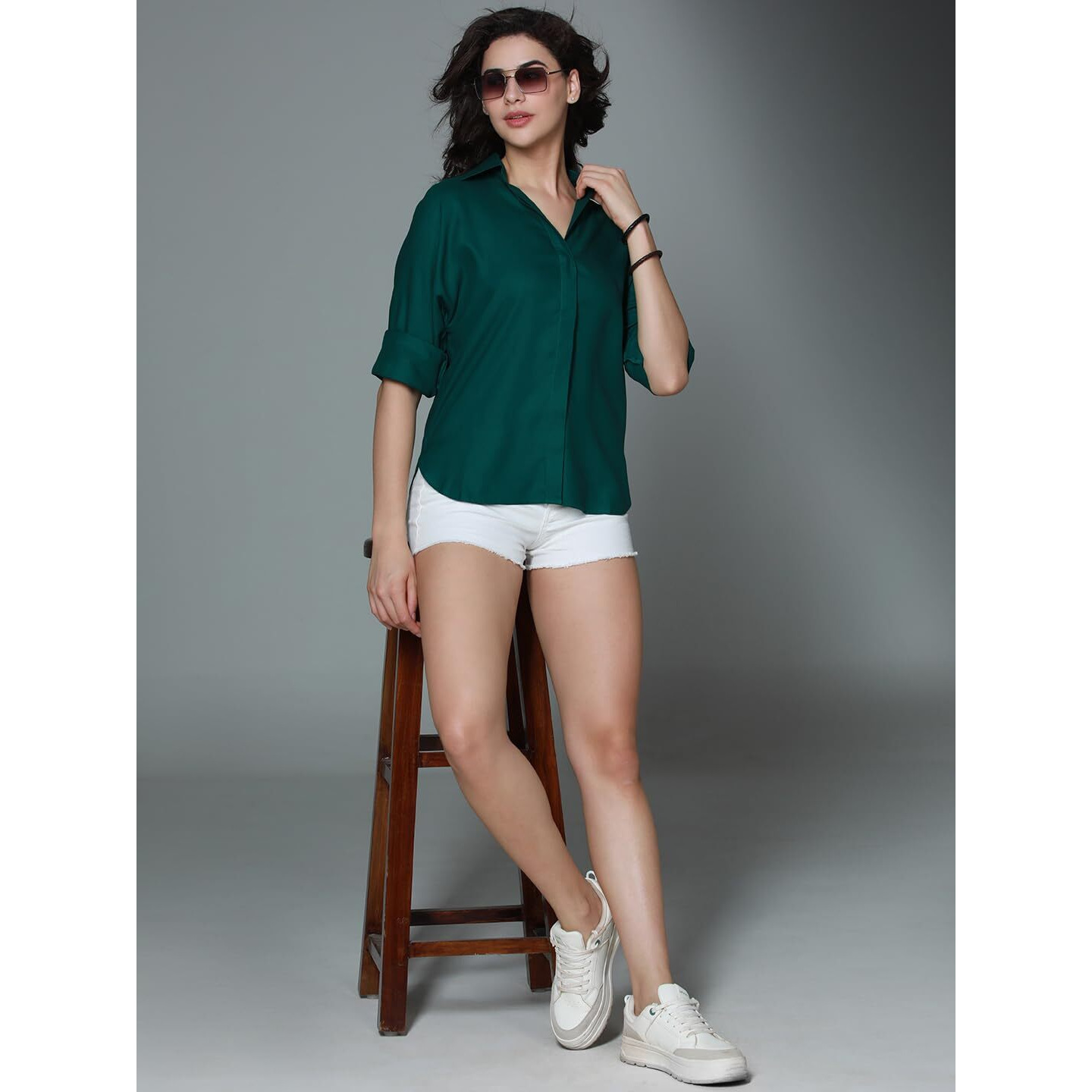 High Star Women's Solid Oversized Fit Shirt (Hswshs2401_Green