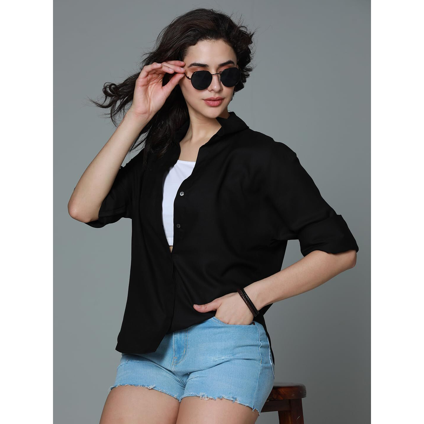 High Star Classic Boxy Spread Collar Long Sleeves Casual Shirt Black