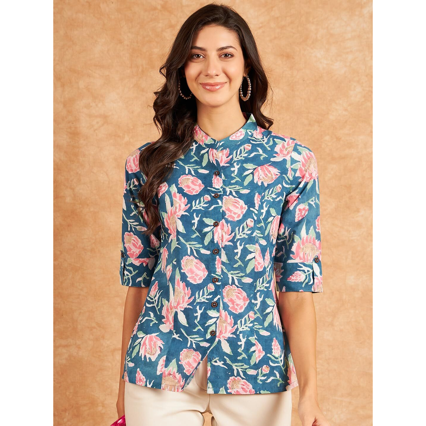 Modeve Dark Blue Floral Printed Mandarin Collar Roll-Up Sleeves Cotton Shirt Style Top_Large
