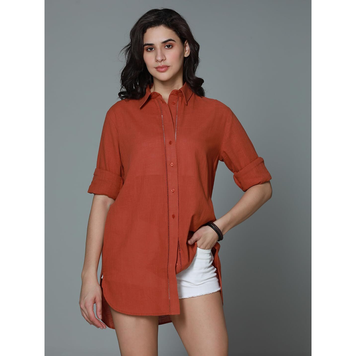 High Star Classic Oversized Spread Collar Long Sleeves Casual Shirt Rust