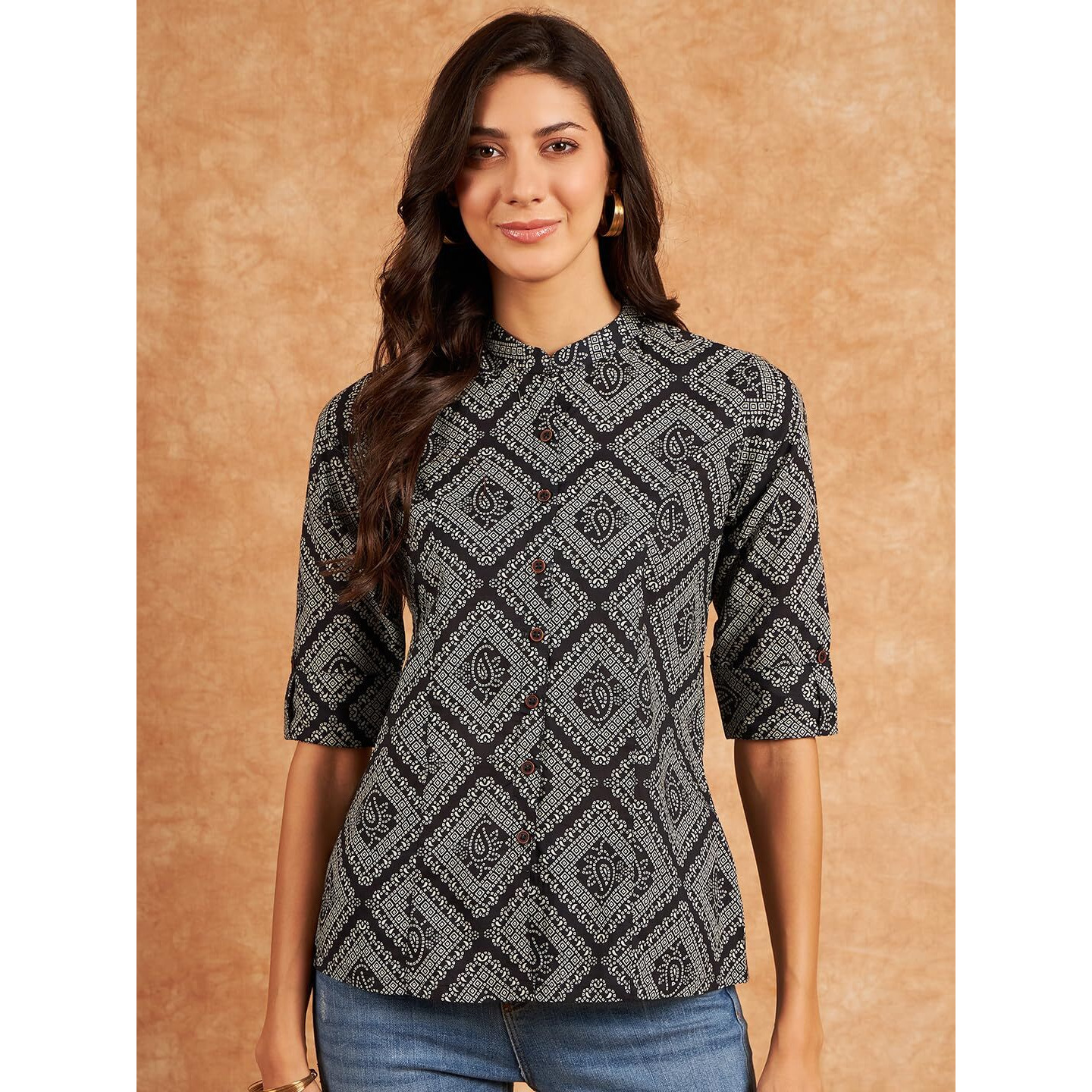 Modeve Black Print Mandarin Collar Cotton Shirt Style Top_X-Large