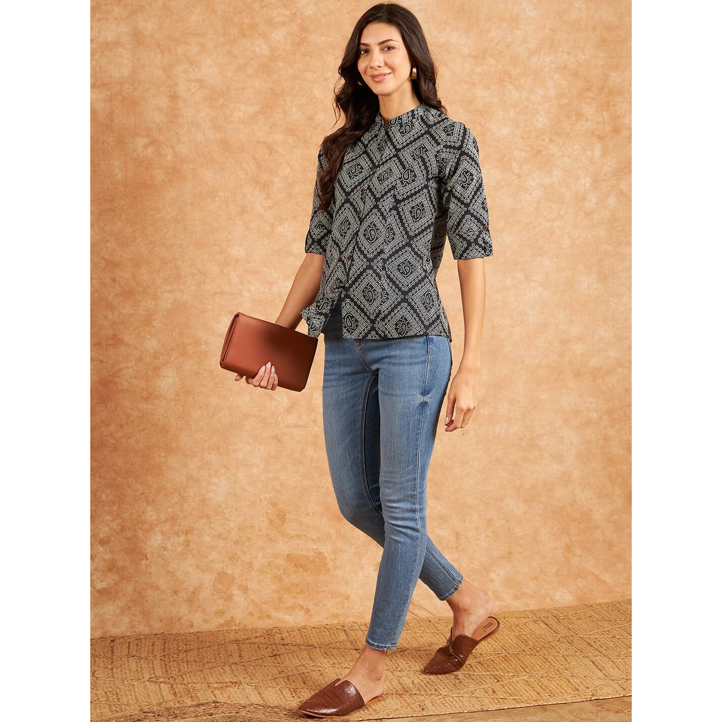 Modeve Black Print Mandarin Collar Cotton Shirt Style Top_Xx-Large