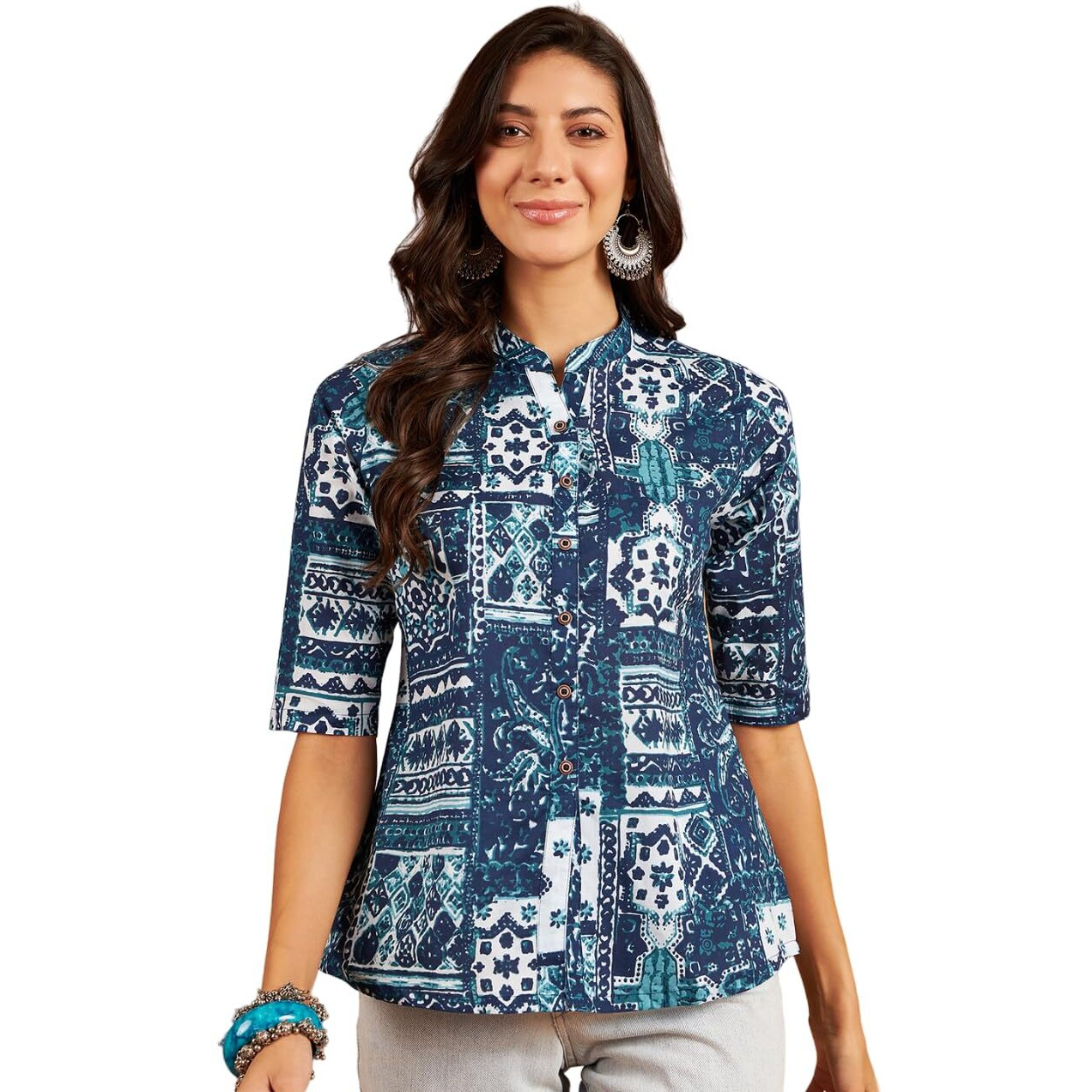 Modeve Ethnic Motifs Printed Mandarin Collar Cotton Shirt Style Top_Small Blue