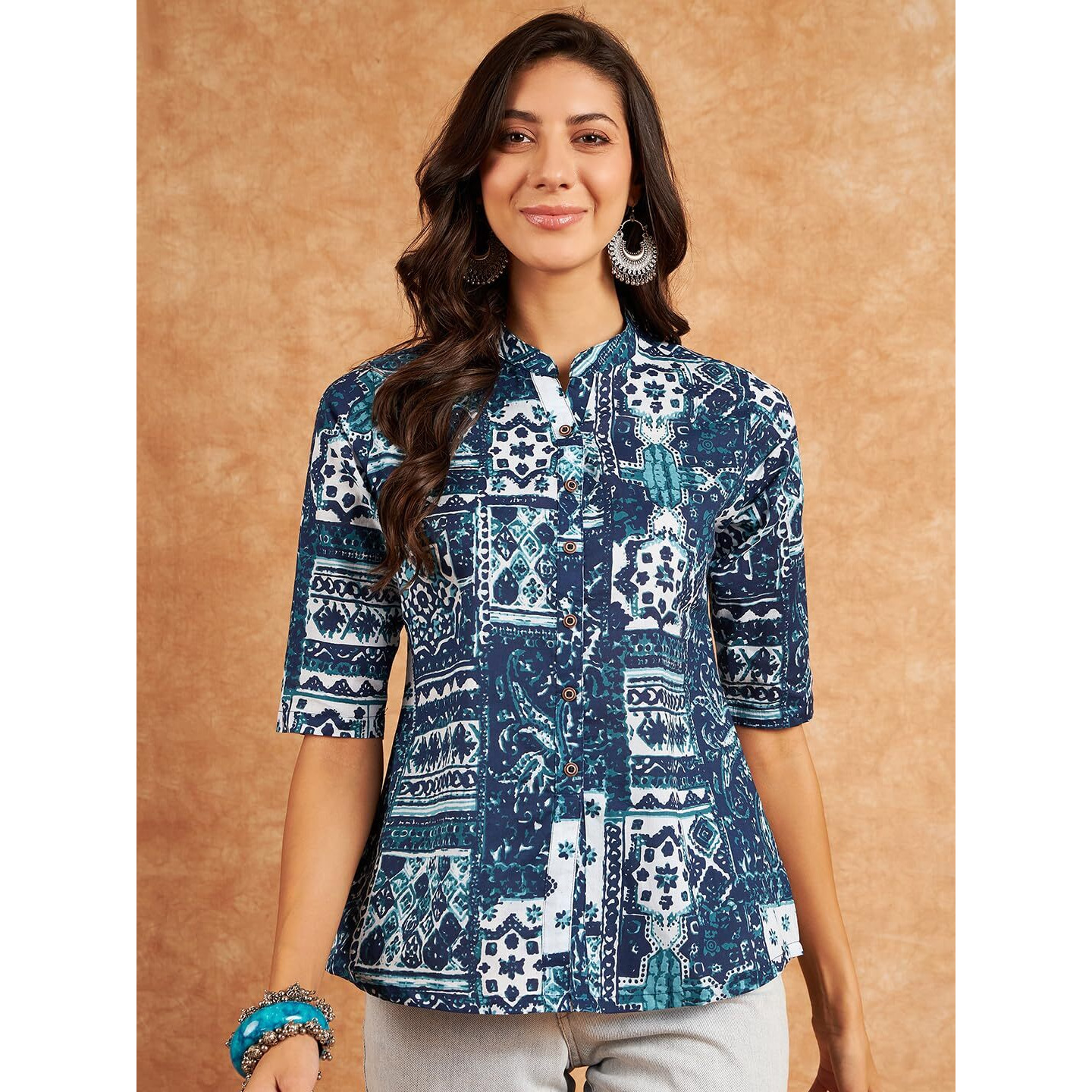 Modeve Ethnic Motifs Printed Mandarin Collar Cotton Shirt Style Top_Large Blue