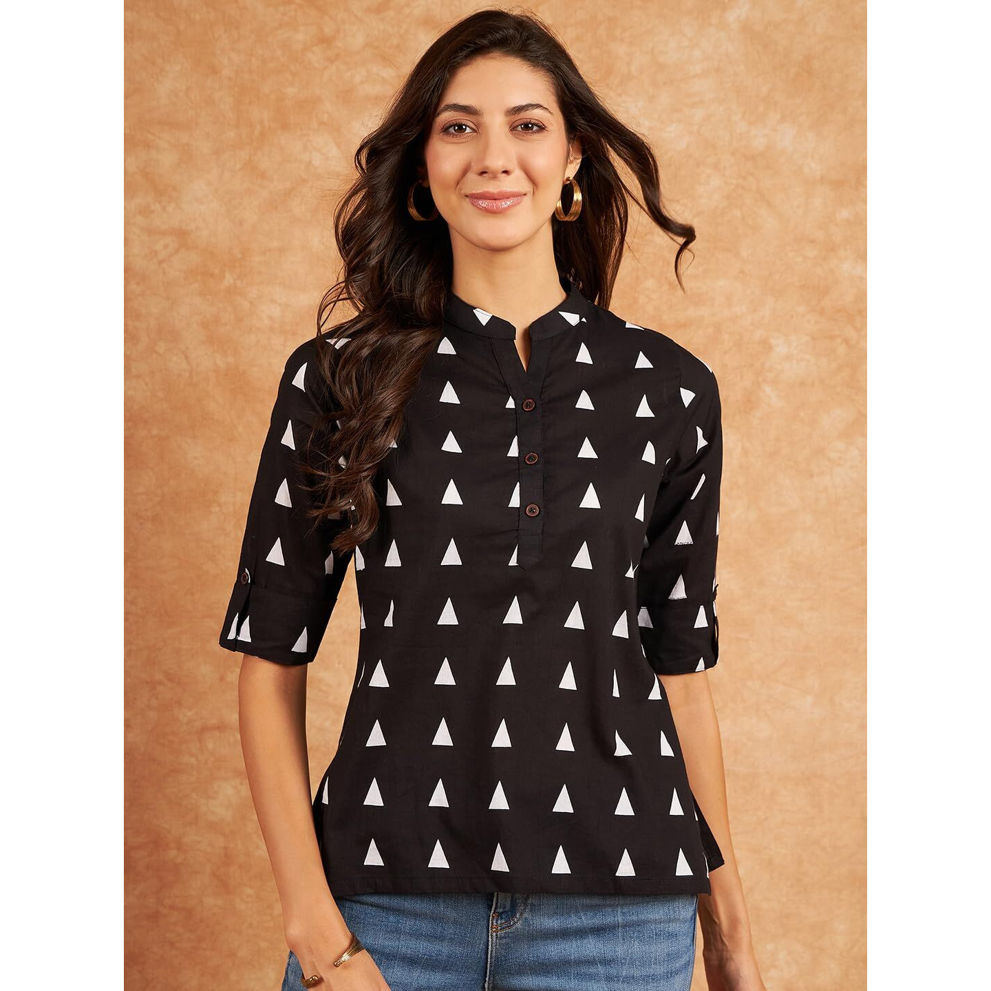 Modeve Black Geometric Printed Mandarin Collar Roll-Up Sleeves Cotton Shirt Style Top_Small
