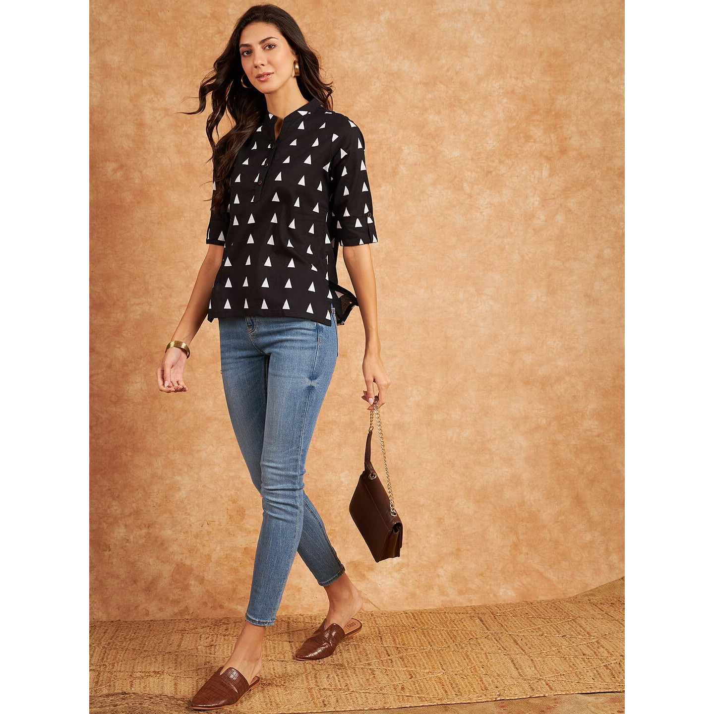 Modeve Black Geometric Printed Mandarin Collar Roll-Up Sleeves Cotton Shirt Style Top_Xx-Large