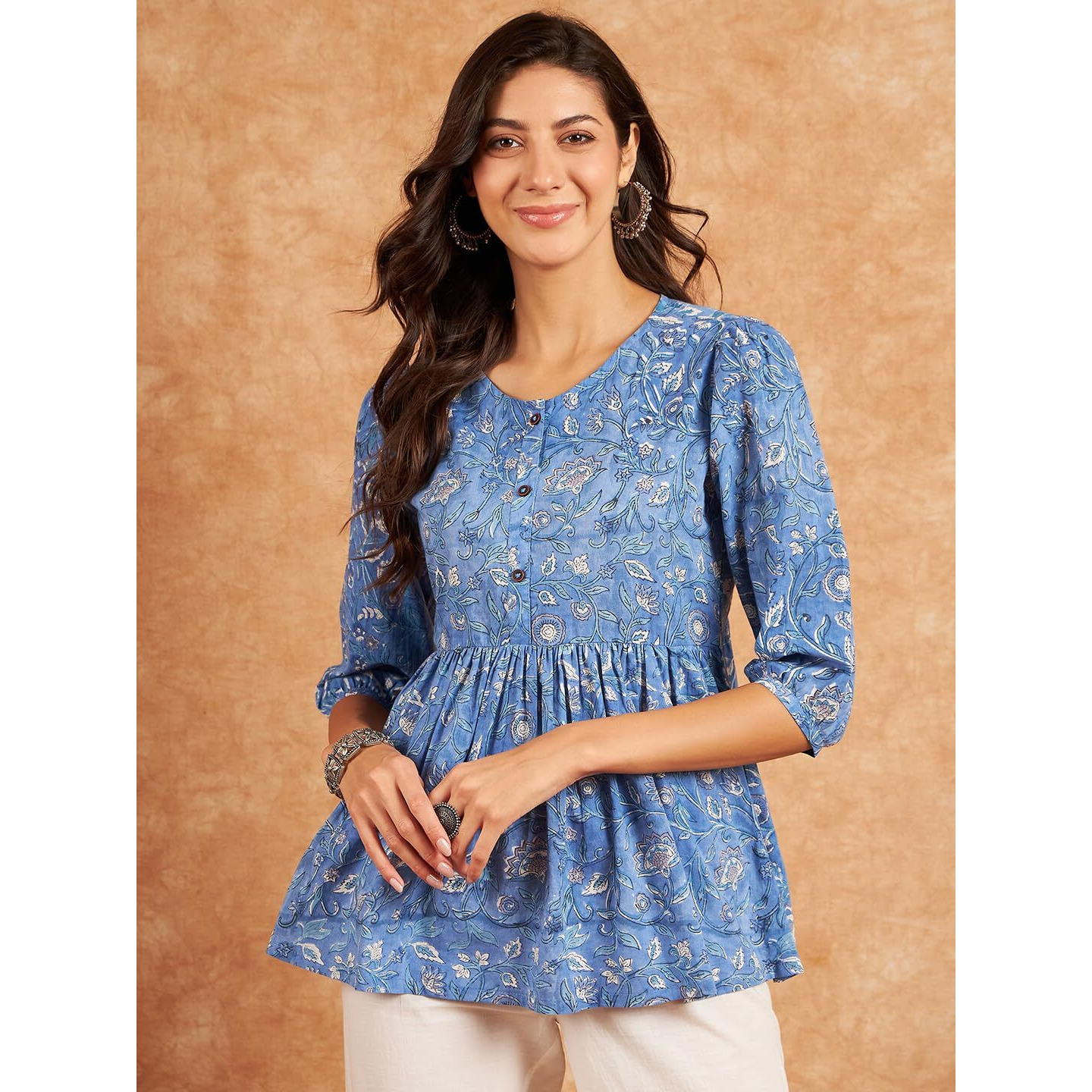 Modeve Blue Print Cotton Frock Style Top_Medium