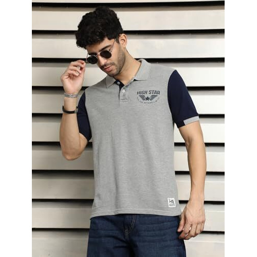High Star Applique Polo Collar Short Sleeves Cotton Regular T-Shirt Grey