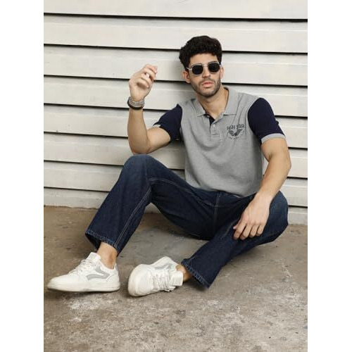 High Star Applique Polo Collar Short Sleeves Cotton Regular T-Shirt Grey