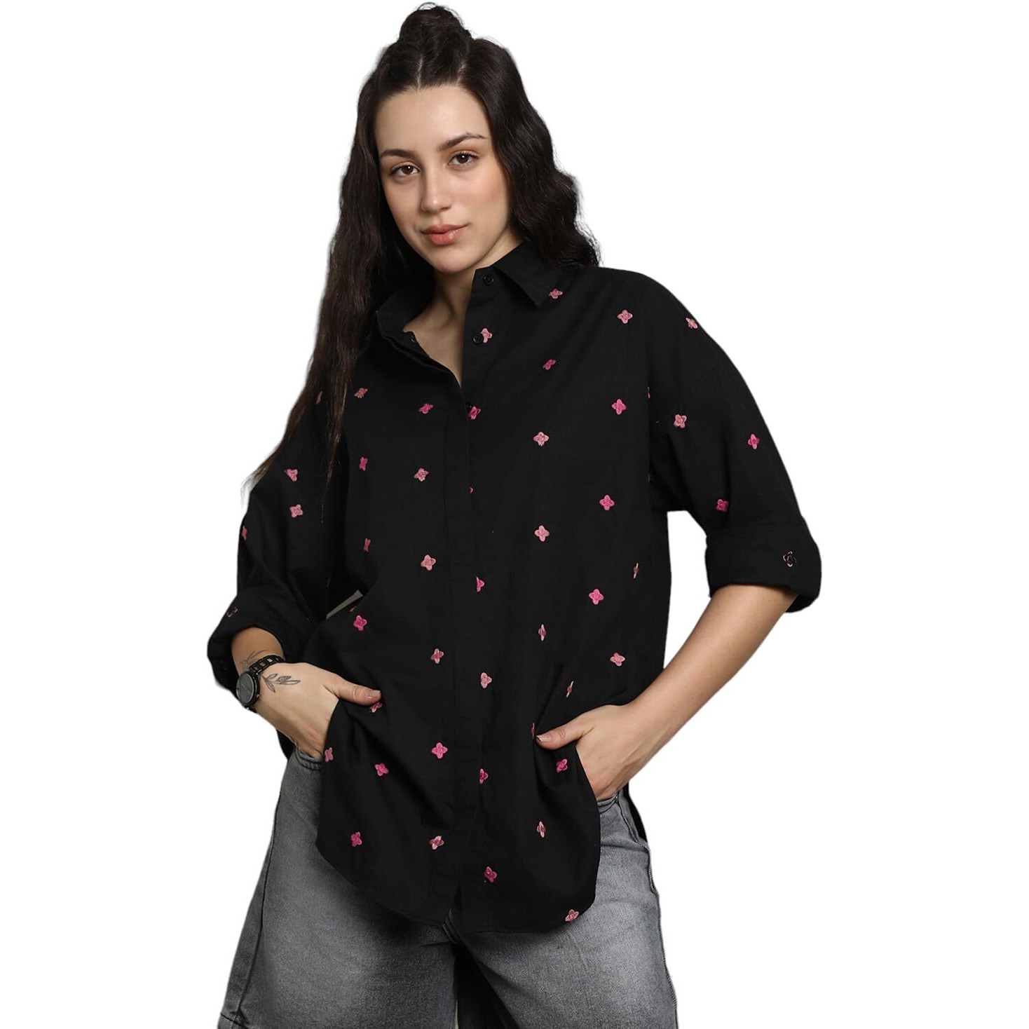 High Star Women's Oversized Fit Shirt (Hswshs2432_Jun_Black