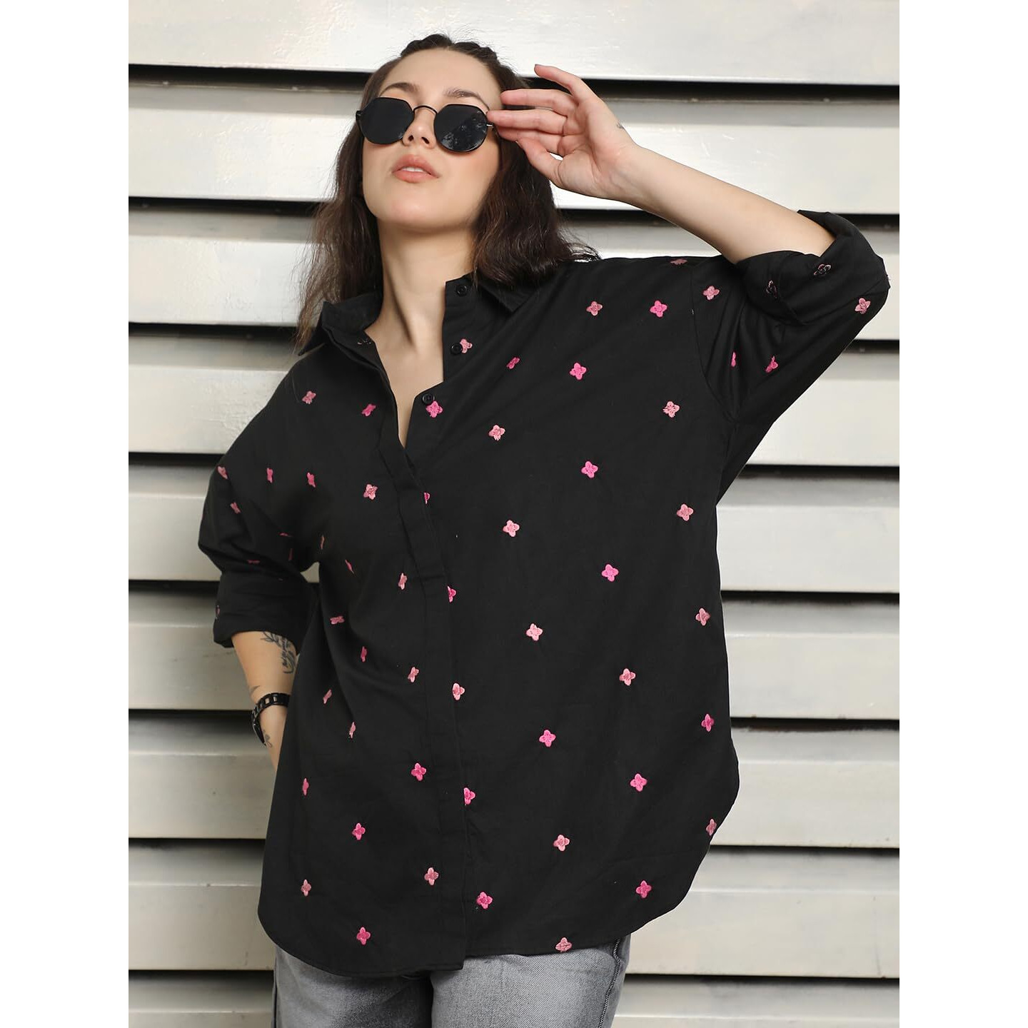 High Star Women's Oversized Fit Shirt (Hswshs2432_Jun_Black