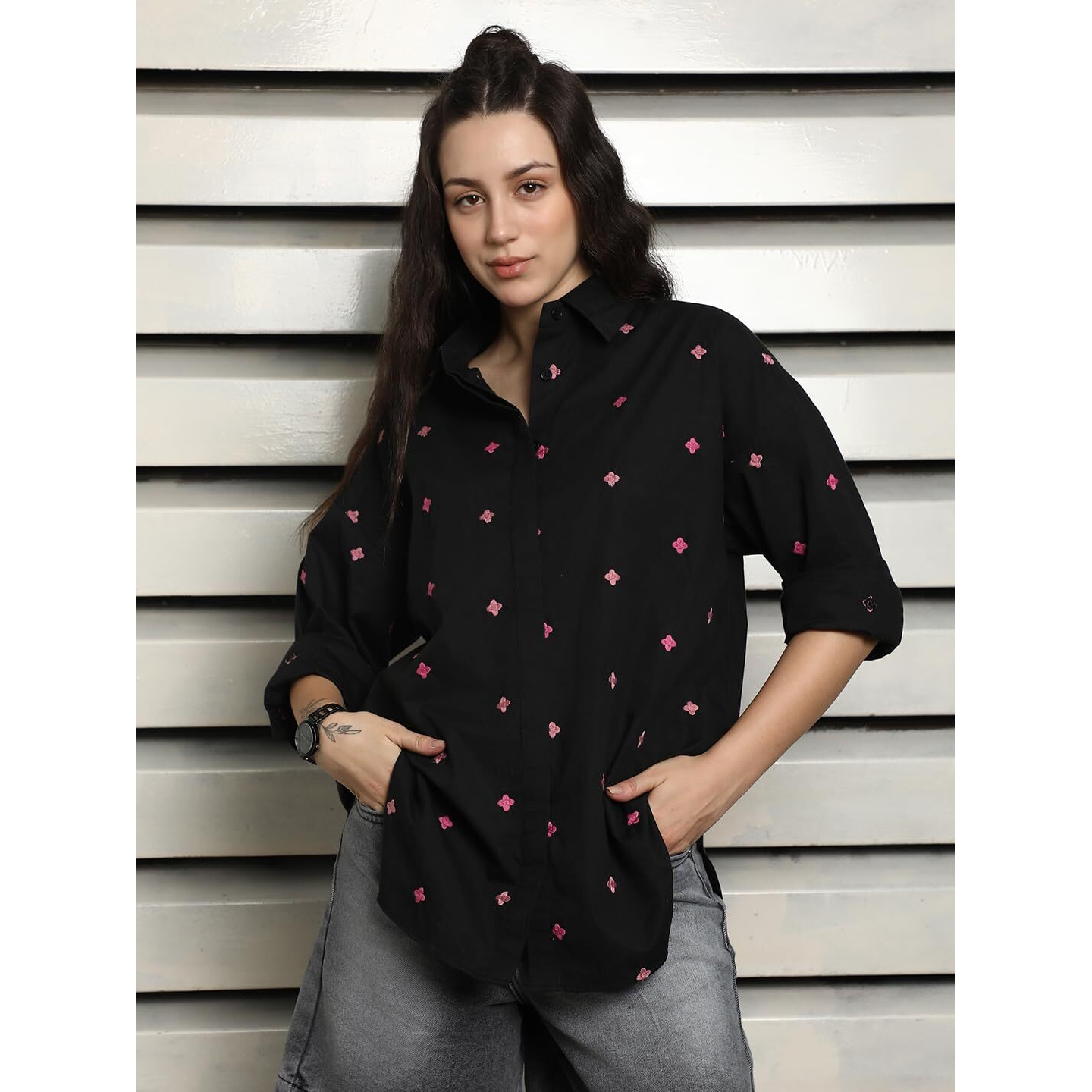 High Star Women's Oversized Fit Shirt (Hswshs2432_Jun_Black